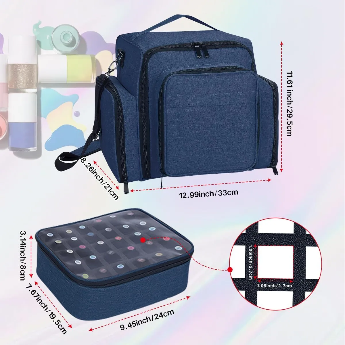 Nail Polish Organizer Holds 60 Bottles and a Nail Lamp,Portable Travel Case with 2 Removable Bags and Tools Storage Pockets Blue