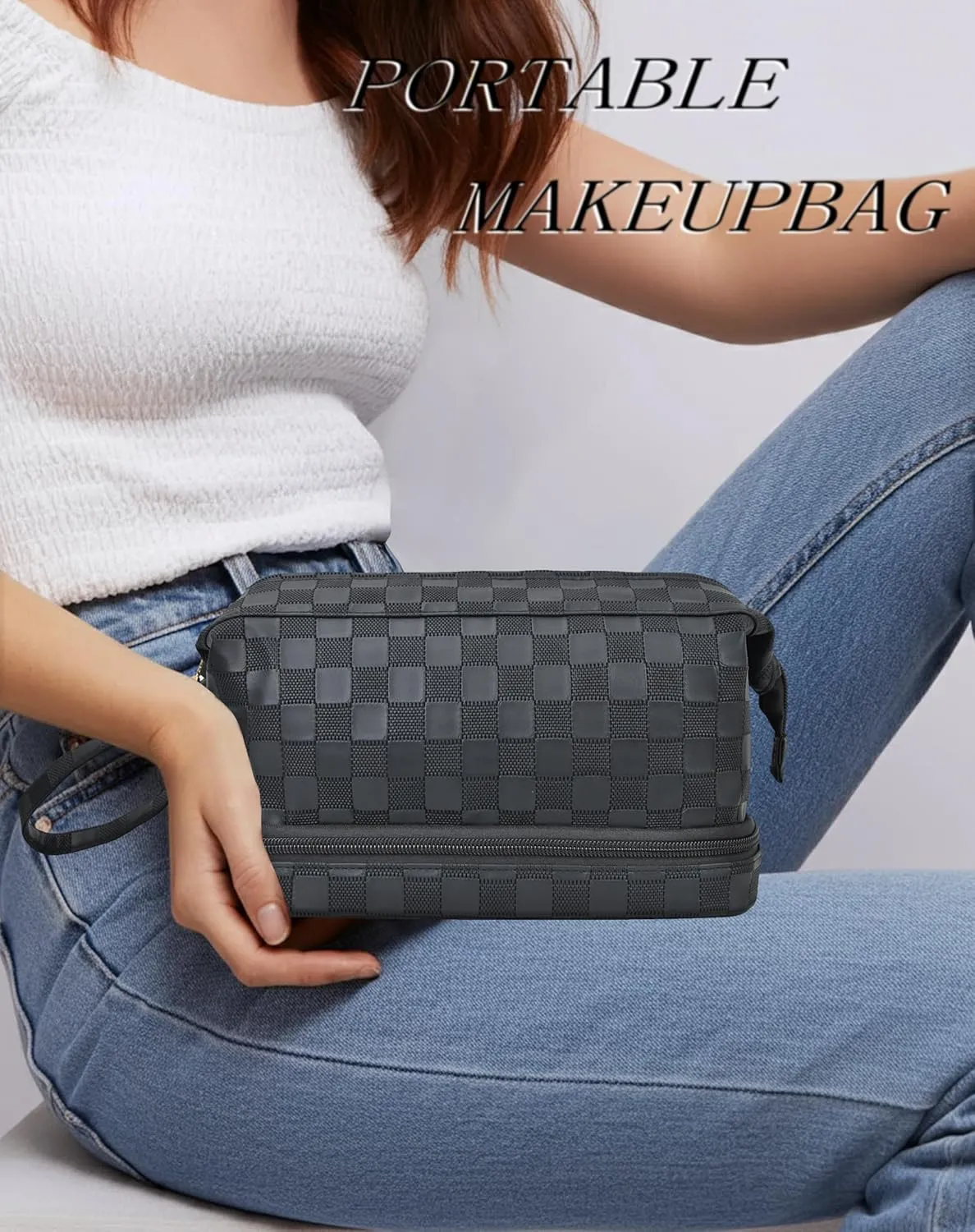 NGIL Faux Leather Cosmetic Bag for Women, Makeup Bag Organizer, Makeup Brush Storage, Portable Travel Bag for Toiletries (Checkered, Black, Medium)