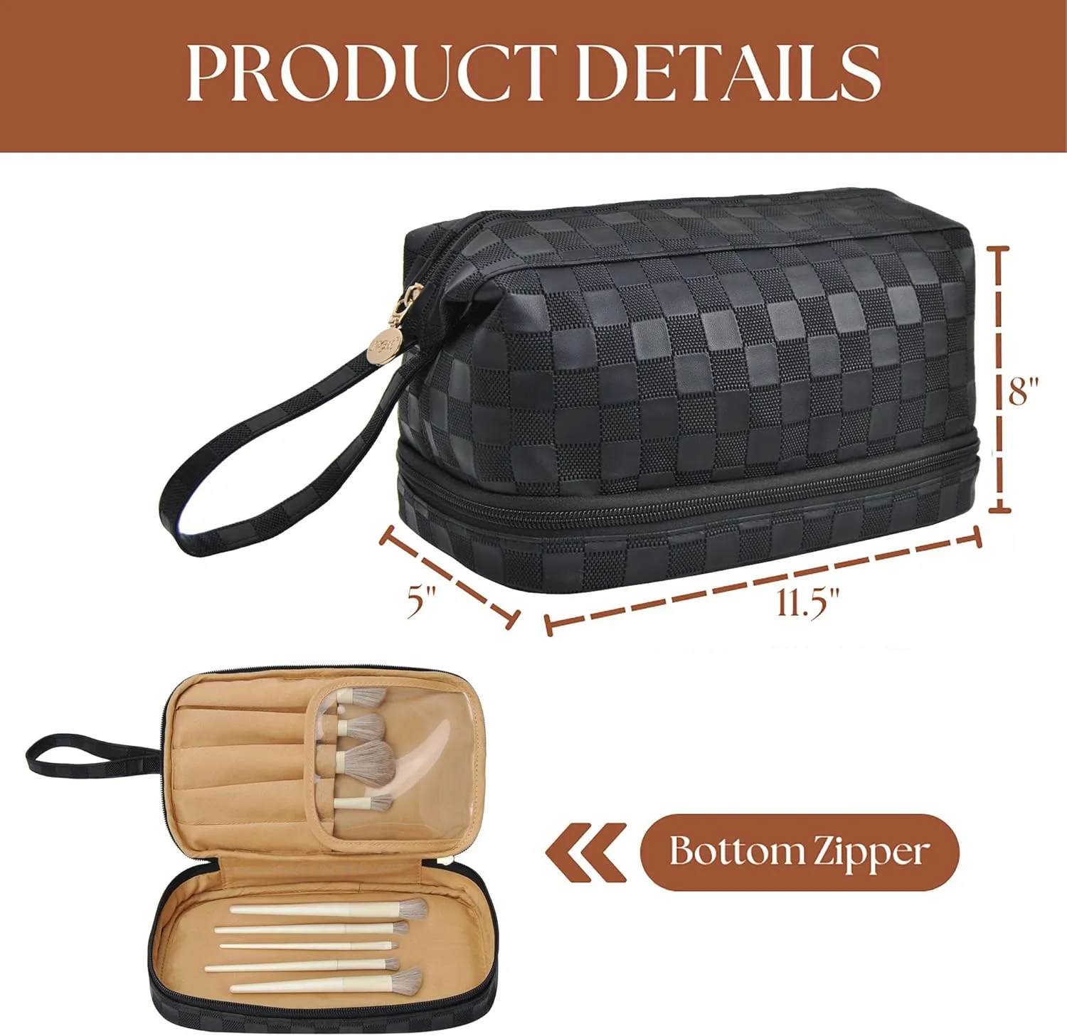 NGIL Faux Leather Cosmetic Bag for Women, Makeup Bag Organizer, Makeup Brush Storage, Portable Travel Bag for Toiletries (Checkered, Black, Medium)