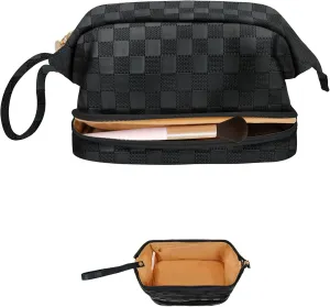 NGIL Faux Leather Cosmetic Bag for Women, Makeup Bag Organizer, Makeup Brush Storage, Portable Travel Bag for Toiletries (Checkered, Black, Medium)