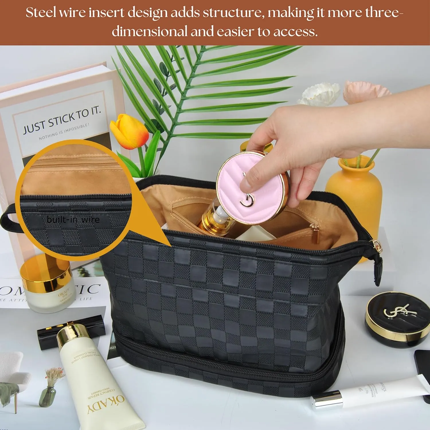 NGIL Faux Leather Cosmetic Bag for Women, Makeup Bag Organizer, Makeup Brush Storage, Portable Travel Bag for Toiletries (Checkered, Black, Medium)