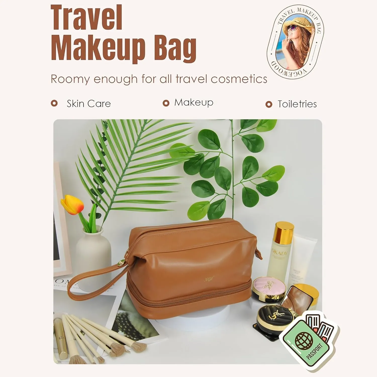 NGIL Faux Leather Cosmetic Bag for Women, Makeup Bag Organizer, Makeup Brush Storage, Portable Travel Bag for Toiletries (Solid, Brown, Medium)