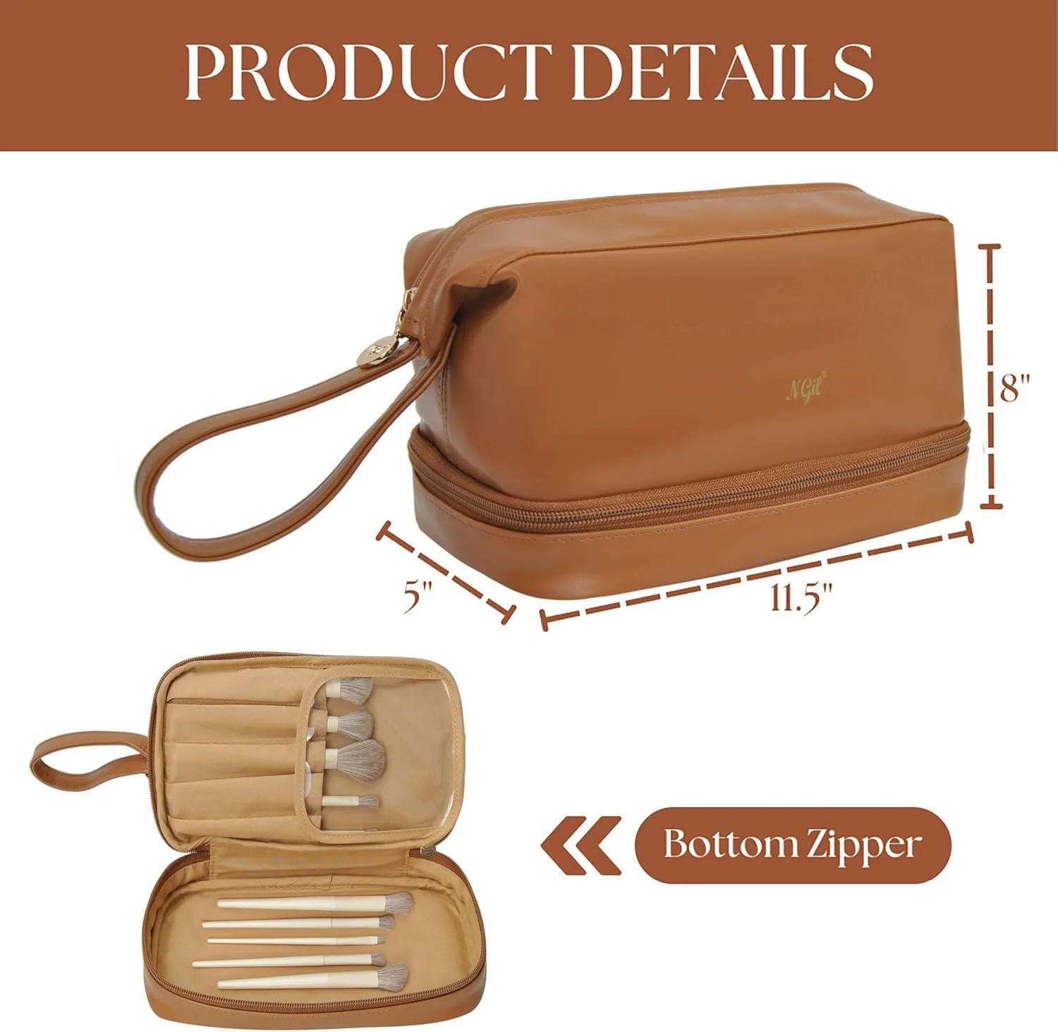 NGIL Faux Leather Cosmetic Bag for Women, Makeup Bag Organizer, Makeup Brush Storage, Portable Travel Bag for Toiletries (Solid, Brown, Medium)