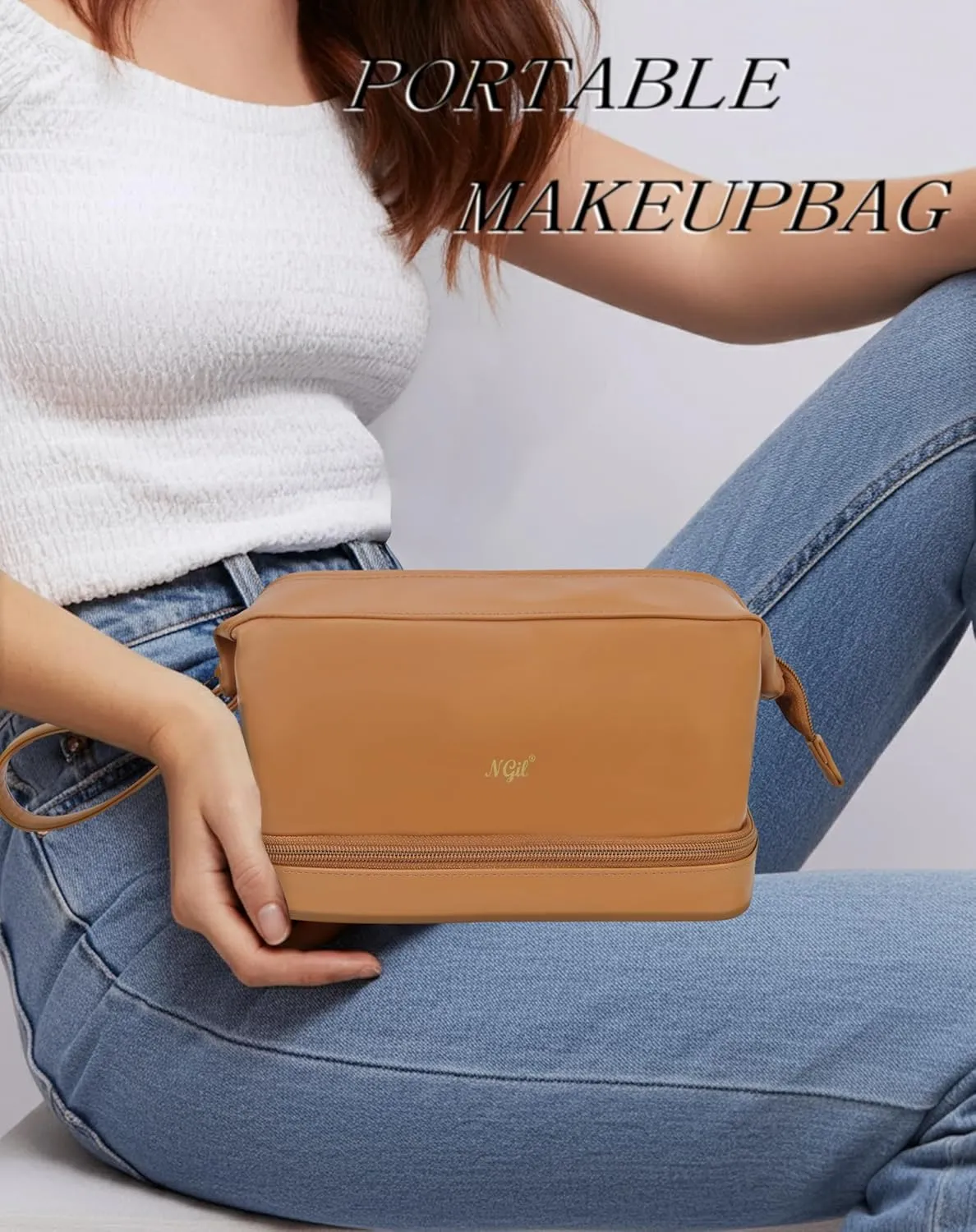 NGIL Faux Leather Cosmetic Bag for Women, Makeup Bag Organizer, Makeup Brush Storage, Portable Travel Bag for Toiletries (Solid, Brown, Medium)