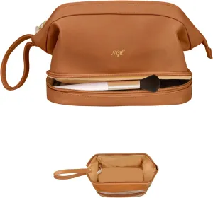 NGIL Faux Leather Cosmetic Bag for Women, Makeup Bag Organizer, Makeup Brush Storage, Portable Travel Bag for Toiletries (Solid, Brown, Medium)