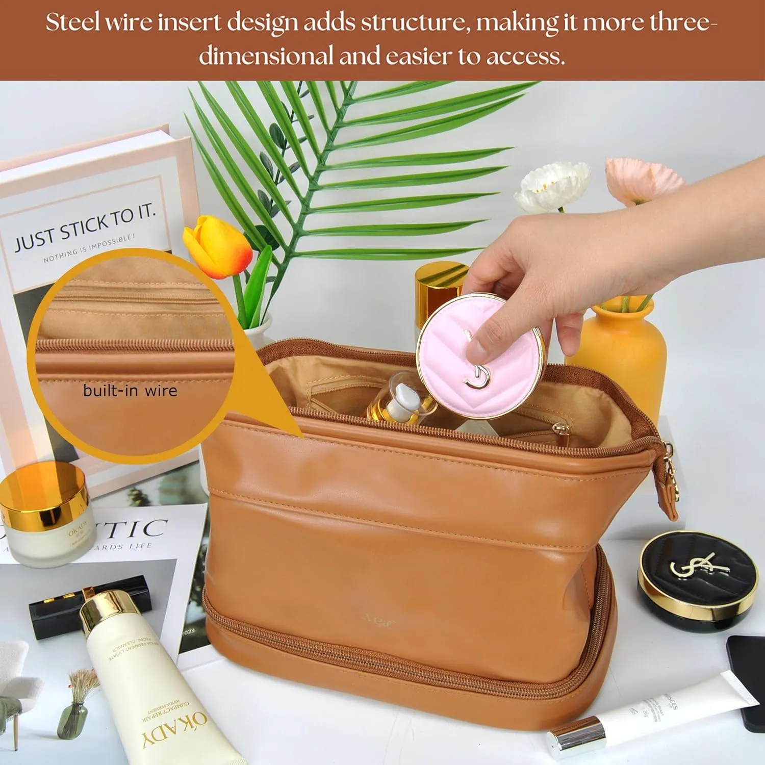 NGIL Faux Leather Cosmetic Bag for Women, Makeup Bag Organizer, Makeup Brush Storage, Portable Travel Bag for Toiletries (Solid, Brown, Medium)
