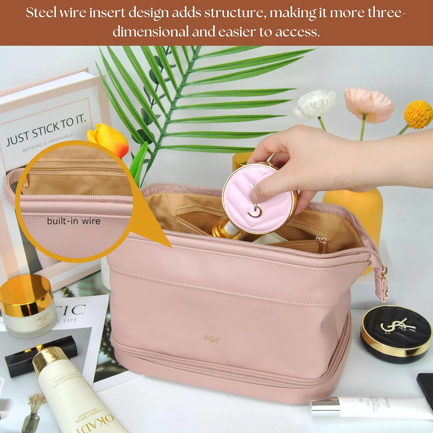 NGIL Faux Leather Cosmetic Bag for Women, Makeup Bag Organizer, Makeup Brush Storage, Portable Travel Bag for Toiletries (Solid, Pink, Medium)