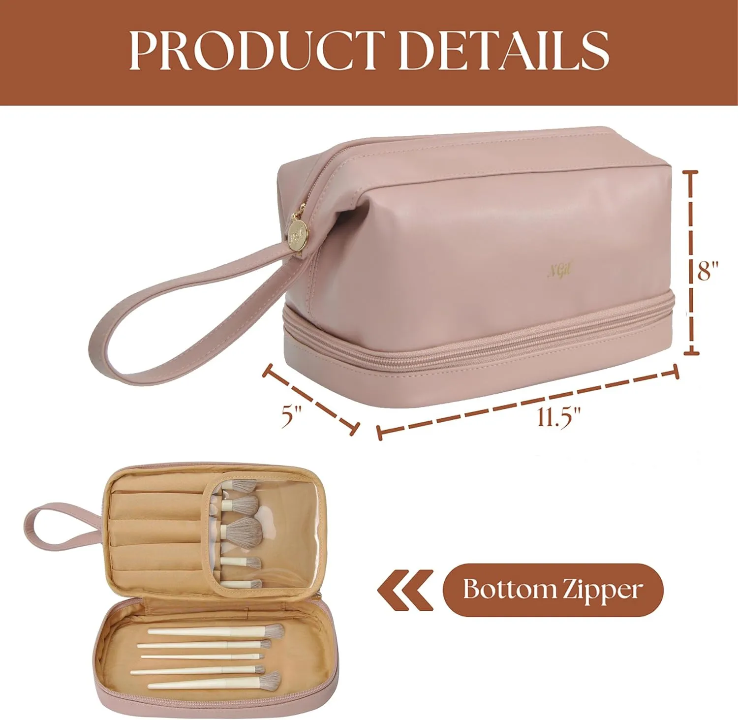 NGIL Faux Leather Cosmetic Bag for Women, Makeup Bag Organizer, Makeup Brush Storage, Portable Travel Bag for Toiletries (Solid, Pink, Medium)