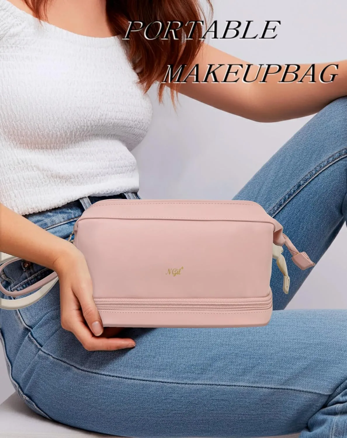 NGIL Faux Leather Cosmetic Bag for Women, Makeup Bag Organizer, Makeup Brush Storage, Portable Travel Bag for Toiletries (Solid, Pink, Medium)