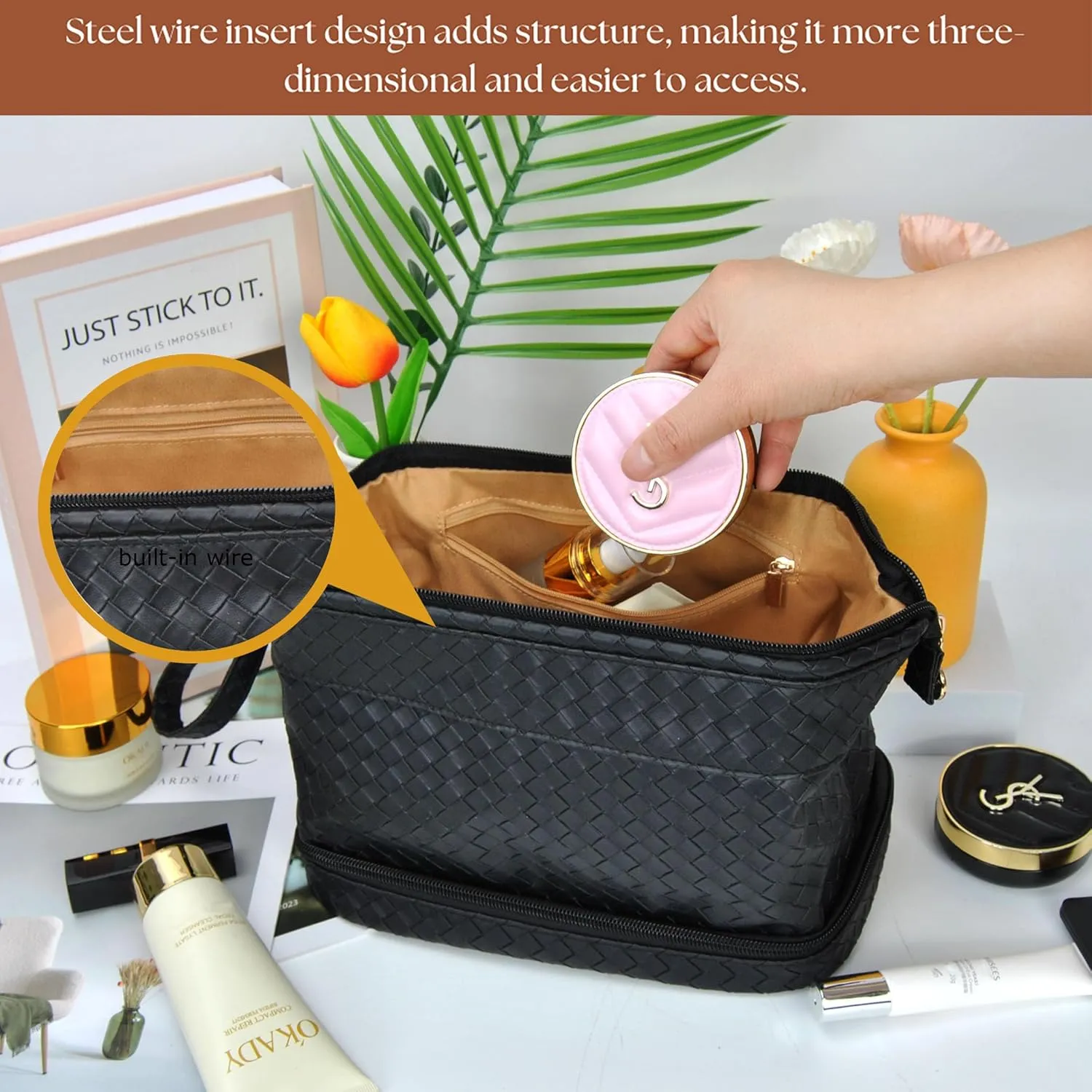 NGIL Faux Leather Cosmetic Bag for Women, Makeup Bag Organizer, Makeup Brush Storage, Portable Travel Bag for Toiletries (Woven, Black, Medium)