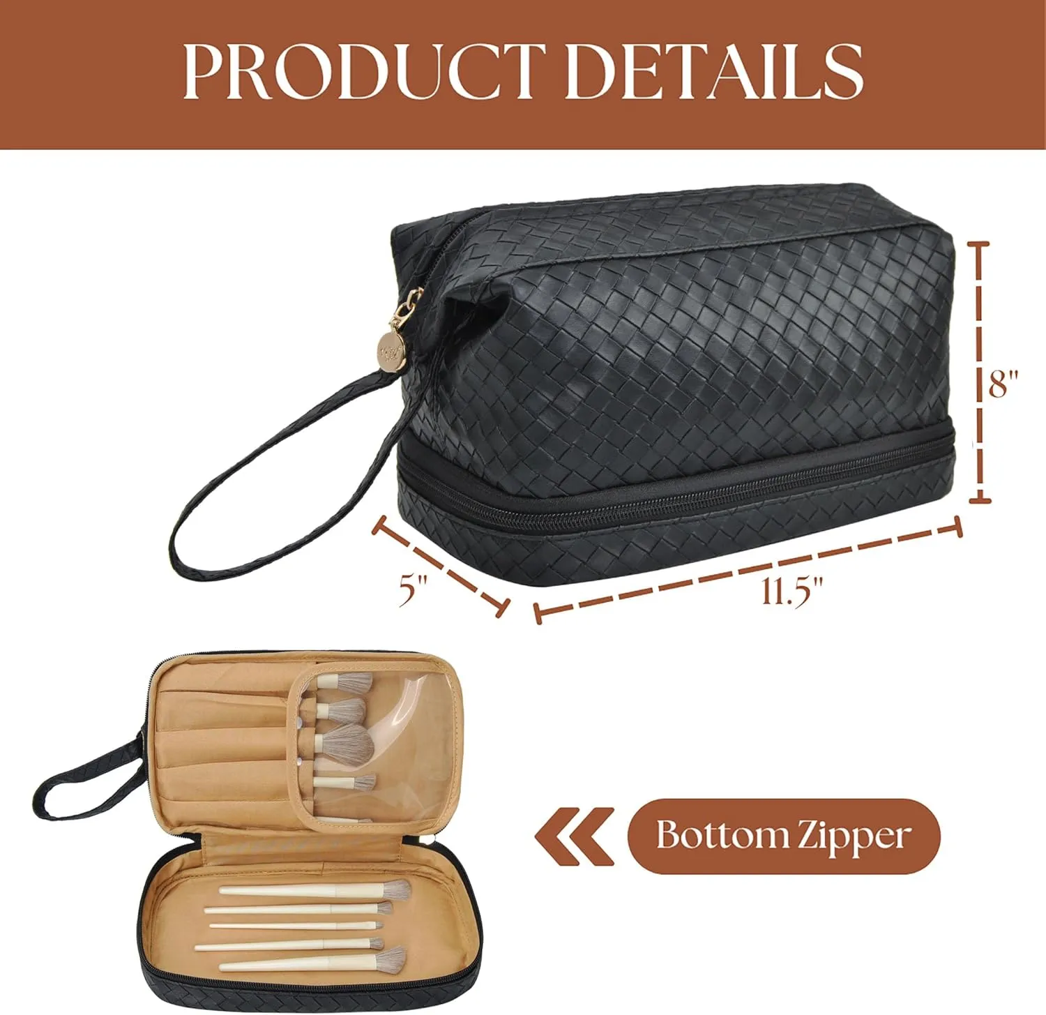 NGIL Faux Leather Cosmetic Bag for Women, Makeup Bag Organizer, Makeup Brush Storage, Portable Travel Bag for Toiletries (Woven, Black, Medium)
