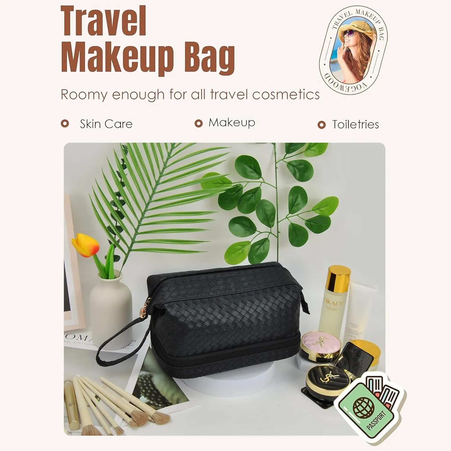 NGIL Faux Leather Cosmetic Bag for Women, Makeup Bag Organizer, Makeup Brush Storage, Portable Travel Bag for Toiletries (Woven, Black, Medium)
