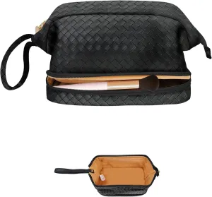 NGIL Faux Leather Cosmetic Bag for Women, Makeup Bag Organizer, Makeup Brush Storage, Portable Travel Bag for Toiletries (Woven, Black, Medium)