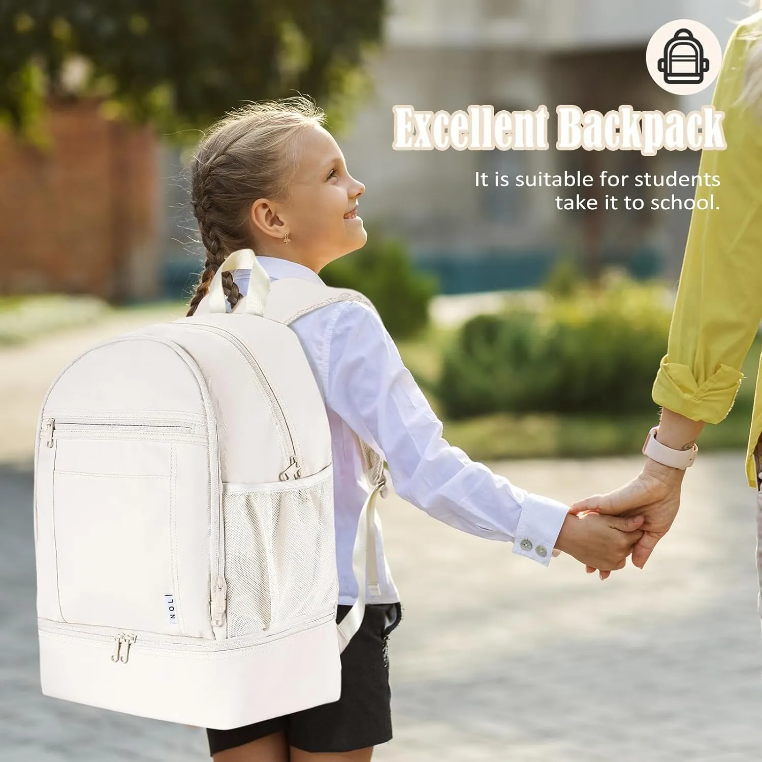 NOL Natural Organic Lifestyle Kids 2-in-1 Backpack & Insulated Lunch Bag-16 Multi-Functional Large Compartments Backpack for School & Travel, Double Deck, Water Resistant, Leak-proof, Padded (Cream)