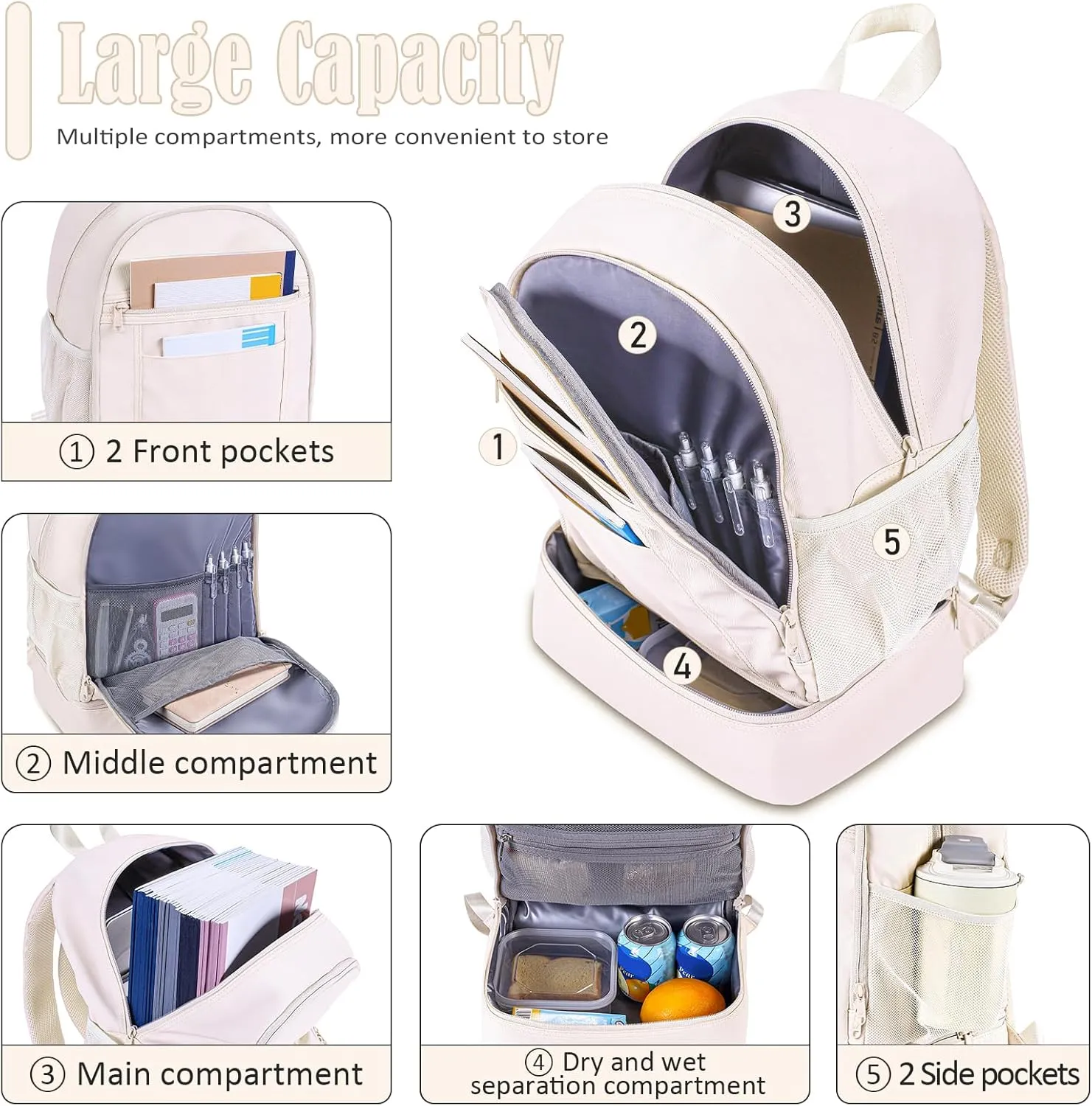 NOL Natural Organic Lifestyle Kids 2-in-1 Backpack & Insulated Lunch Bag-16 Multi-Functional Large Compartments Backpack for School & Travel, Double Deck, Water Resistant, Leak-proof, Padded (Cream)