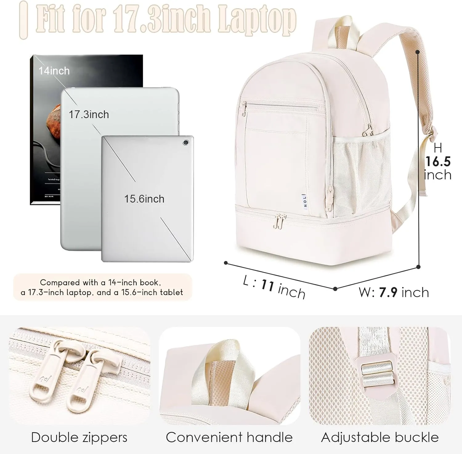 NOL Natural Organic Lifestyle Kids 2-in-1 Backpack & Insulated Lunch Bag-16 Multi-Functional Large Compartments Backpack for School & Travel, Double Deck, Water Resistant, Leak-proof, Padded (Cream)