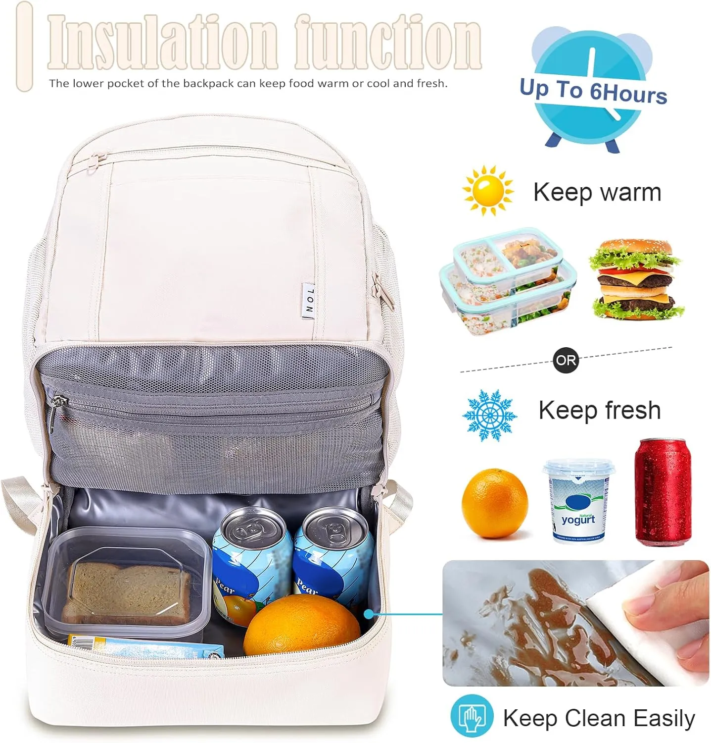 NOL Natural Organic Lifestyle Kids 2-in-1 Backpack & Insulated Lunch Bag-16 Multi-Functional Large Compartments Backpack for School & Travel, Double Deck, Water Resistant, Leak-proof, Padded (Cream)