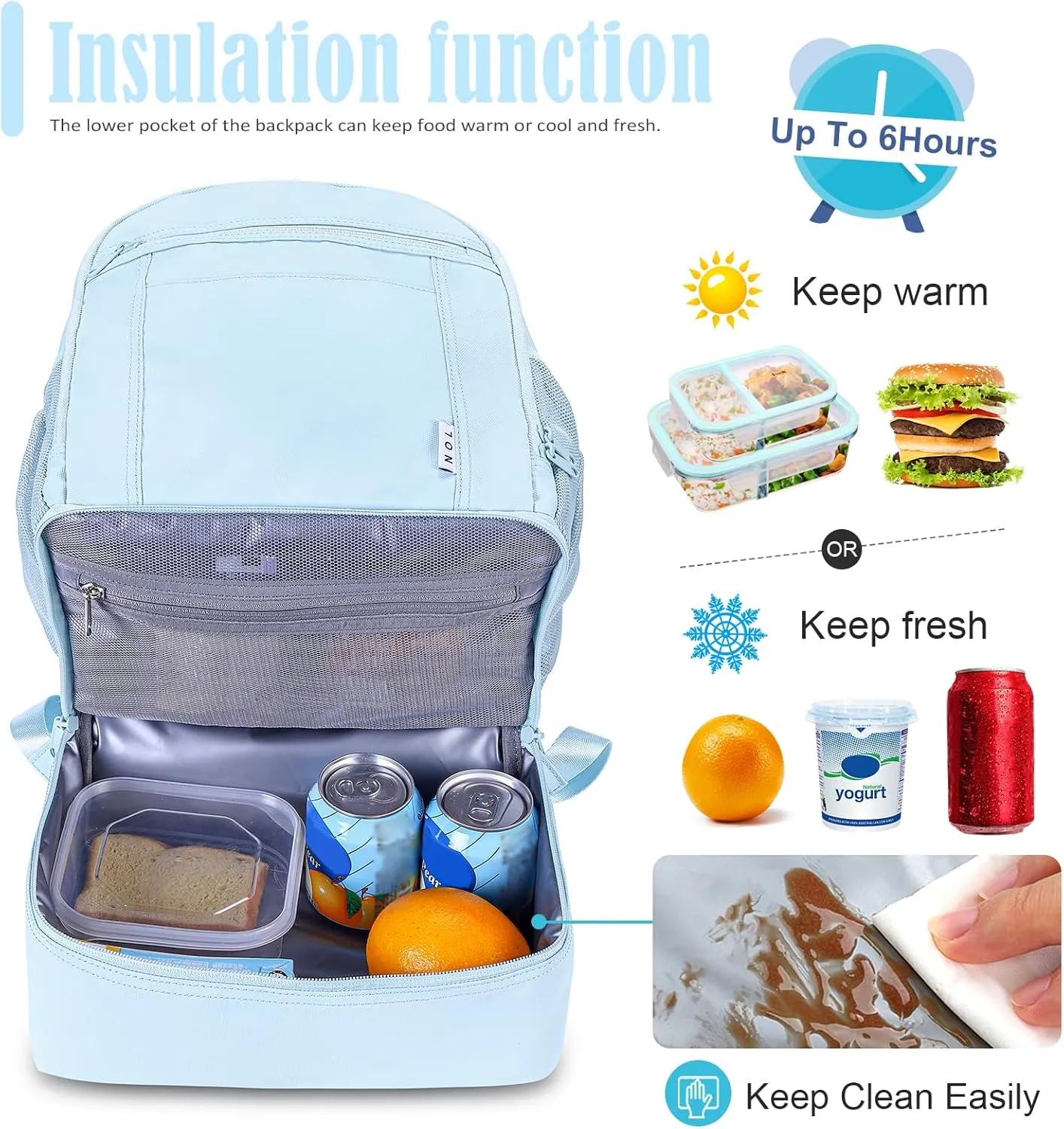 NOL Natural Organic Lifestyle Kids 2-in-1 Backpack & Insulated Lunch Bag-16 Multi-Functional Large Compartments Backpack for School & Travel, Double Deck, Water Resistant,Leak-Proof,Padded-Light Blue