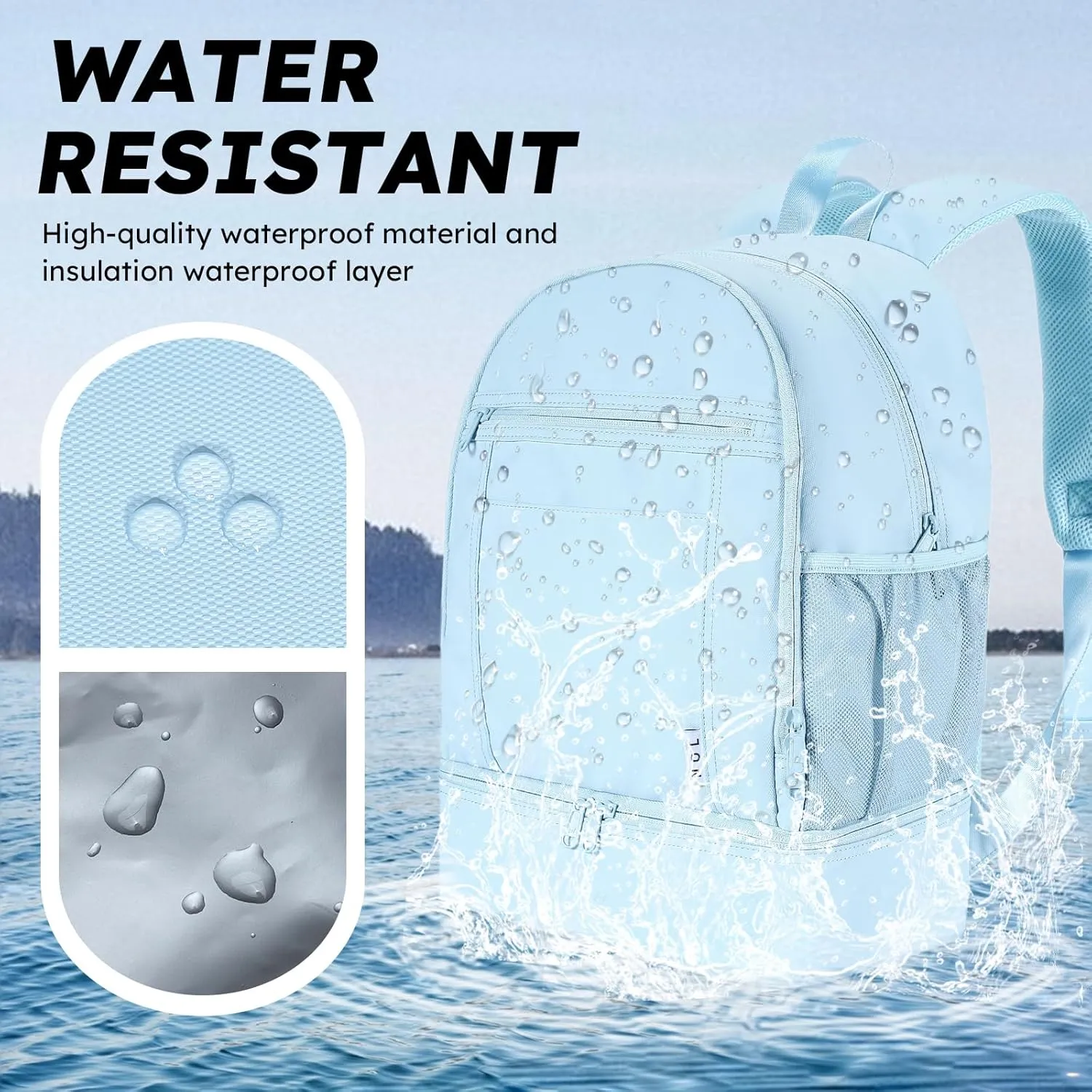 NOL Natural Organic Lifestyle Kids 2-in-1 Backpack & Insulated Lunch Bag-16 Multi-Functional Large Compartments Backpack for School & Travel, Double Deck, Water Resistant,Leak-Proof,Padded-Light Blue