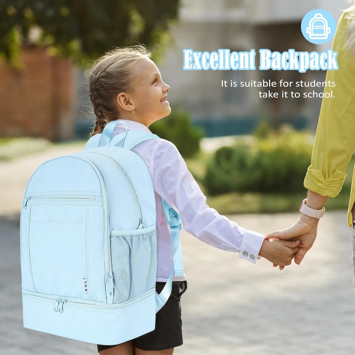 NOL Natural Organic Lifestyle Kids 2-in-1 Backpack & Insulated Lunch Bag-16 Multi-Functional Large Compartments Backpack for School & Travel, Double Deck, Water Resistant,Leak-Proof,Padded-Light Blue