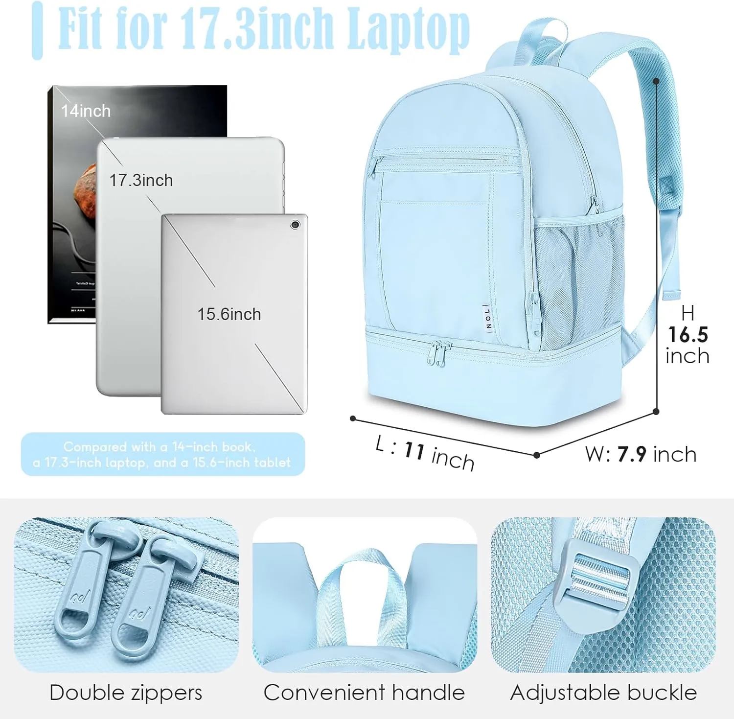 NOL Natural Organic Lifestyle Kids 2-in-1 Backpack & Insulated Lunch Bag-16 Multi-Functional Large Compartments Backpack for School & Travel, Double Deck, Water Resistant,Leak-Proof,Padded-Light Blue