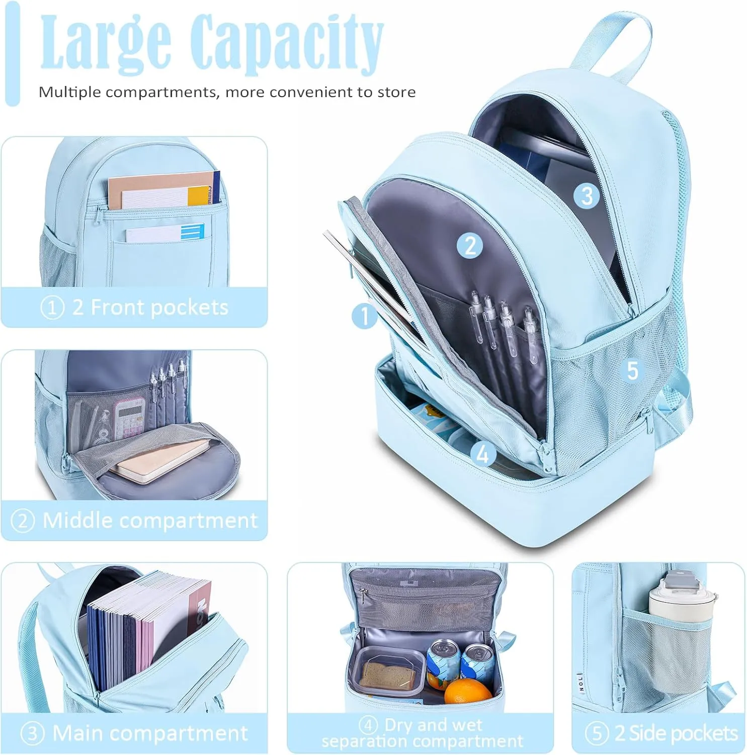 NOL Natural Organic Lifestyle Kids 2-in-1 Backpack & Insulated Lunch Bag-16 Multi-Functional Large Compartments Backpack for School & Travel, Double Deck, Water Resistant,Leak-Proof,Padded-Light Blue