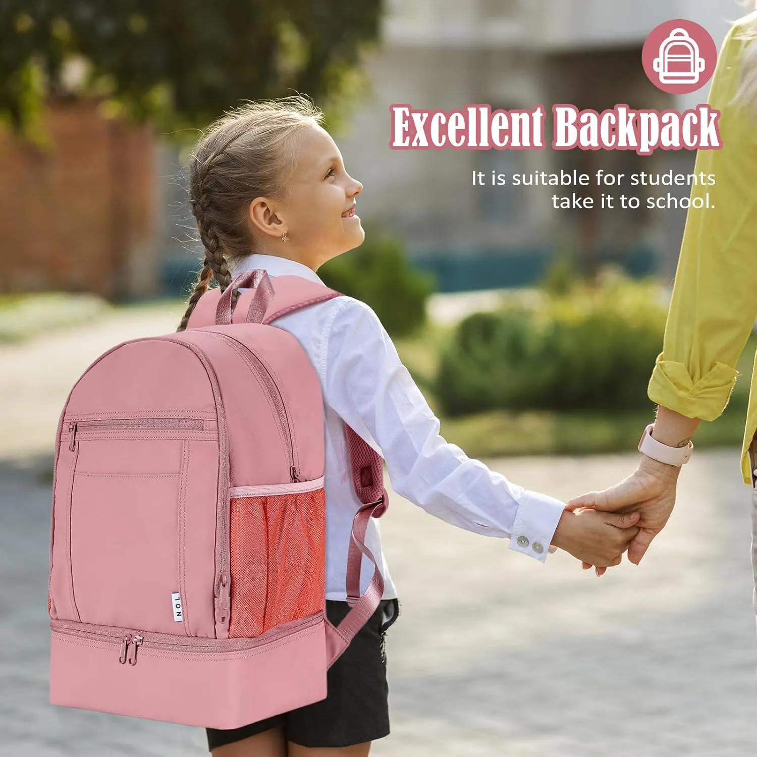NOL Natural Organic Lifestyle Kids 2-in-1 Backpack & Insulated Lunch Bag-16"Multi-Functional Large Compartments Backpack for School & Travel, Double Deck, Water Resistant, Leak-proof, Padded-Dark Pink