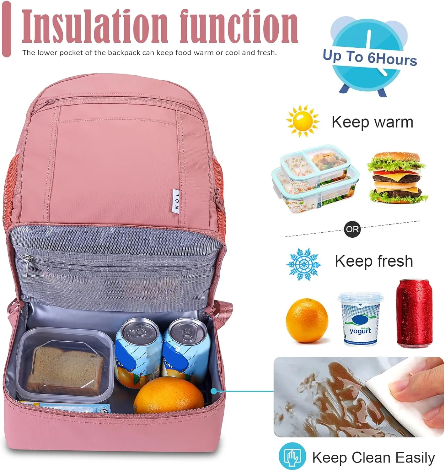 NOL Natural Organic Lifestyle Kids 2-in-1 Backpack & Insulated Lunch Bag-16"Multi-Functional Large Compartments Backpack for School & Travel, Double Deck, Water Resistant, Leak-proof, Padded-Dark Pink