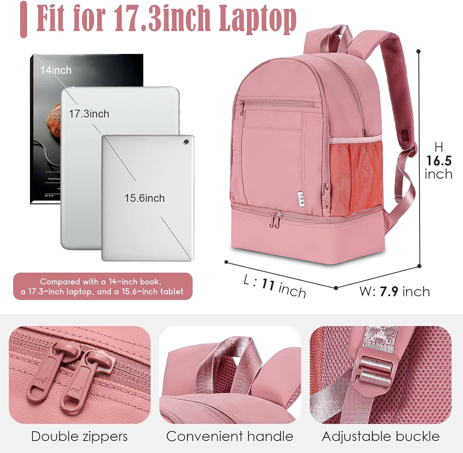 NOL Natural Organic Lifestyle Kids 2-in-1 Backpack & Insulated Lunch Bag-16"Multi-Functional Large Compartments Backpack for School & Travel, Double Deck, Water Resistant, Leak-proof, Padded-Dark Pink