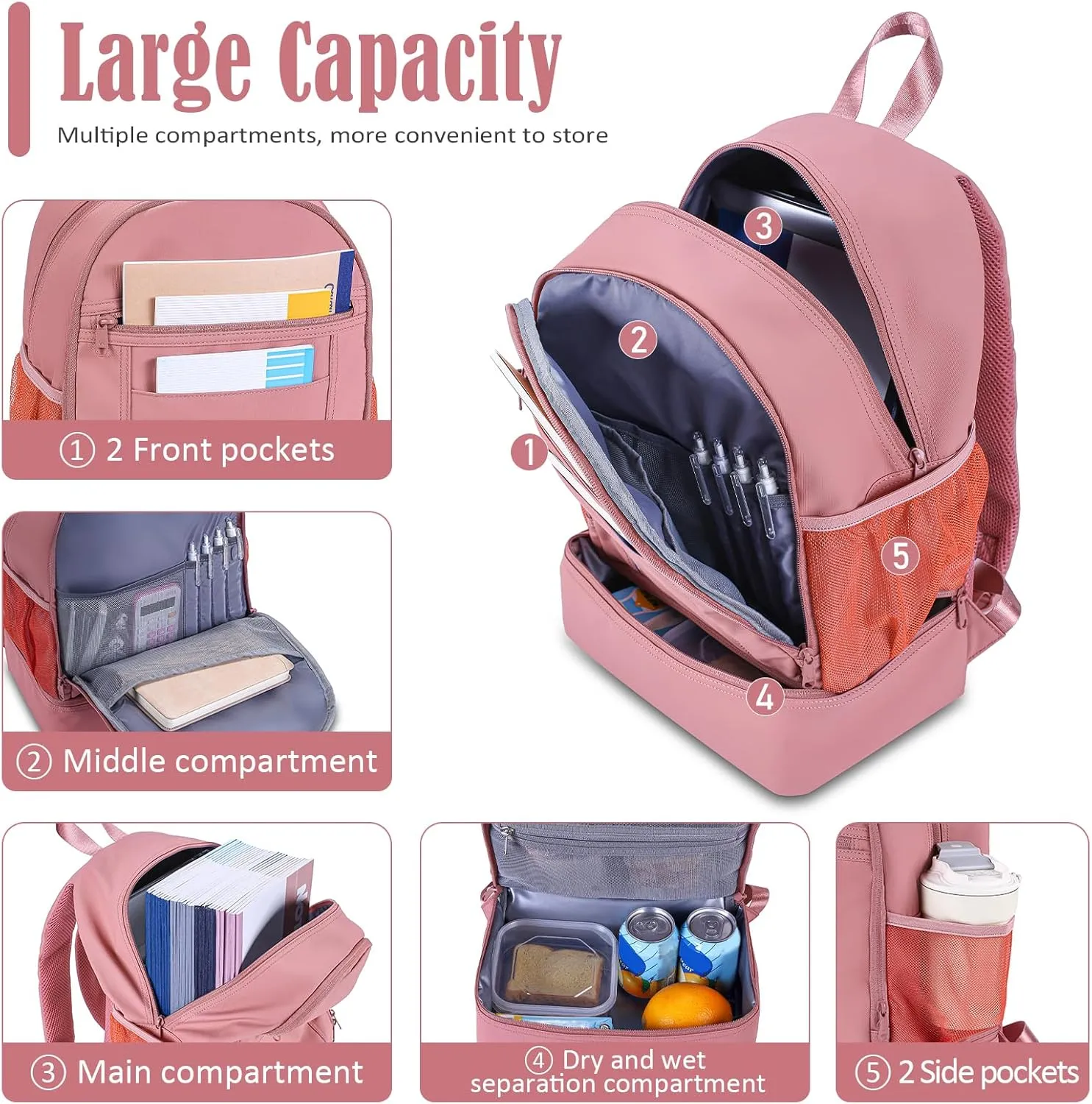 NOL Natural Organic Lifestyle Kids 2-in-1 Backpack & Insulated Lunch Bag-16"Multi-Functional Large Compartments Backpack for School & Travel, Double Deck, Water Resistant, Leak-proof, Padded-Dark Pink