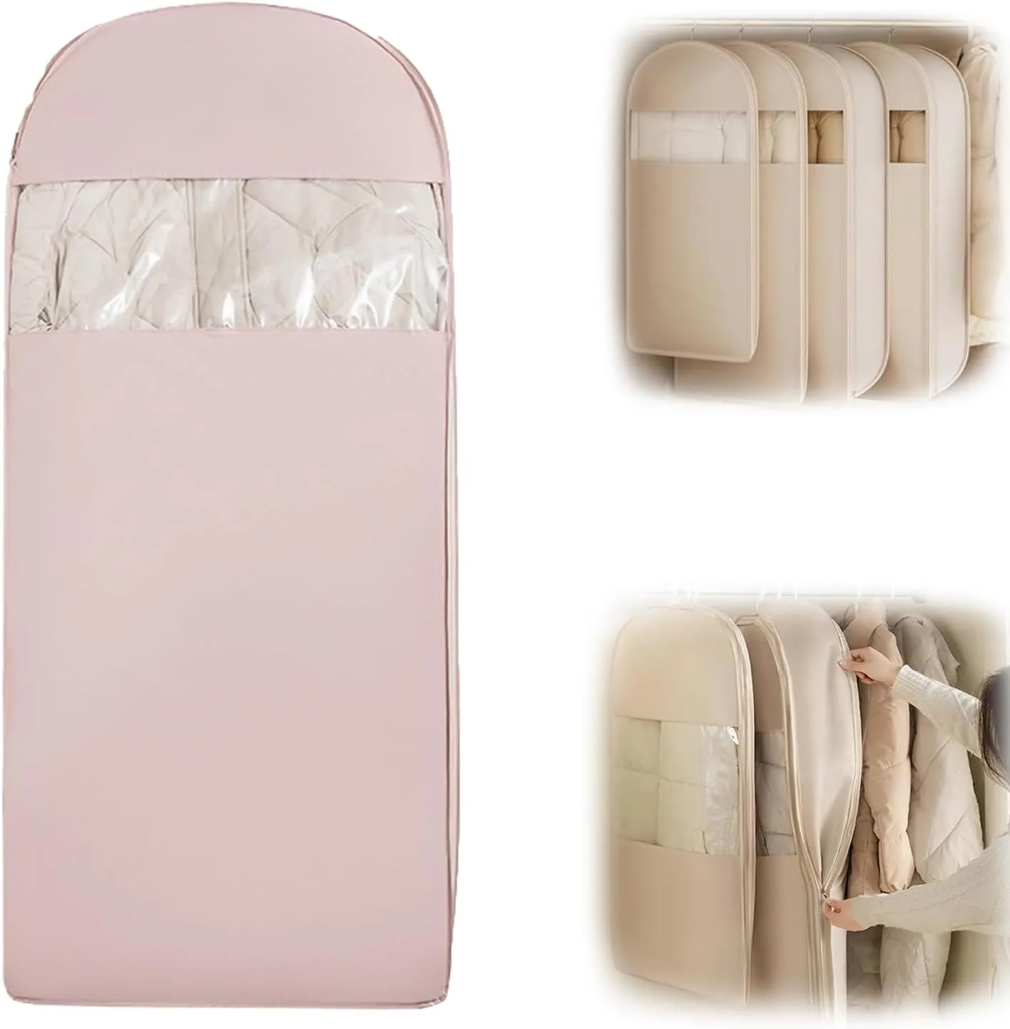 Otherwise Space Saving Garment Bag,2025 Space Saving Hanging Garment Bag with Self Compression Zipper,Dust Cover Clothes Storage Bags for Down Coat,Suitable for Long-Term Storage Organizers (Pink,XL)