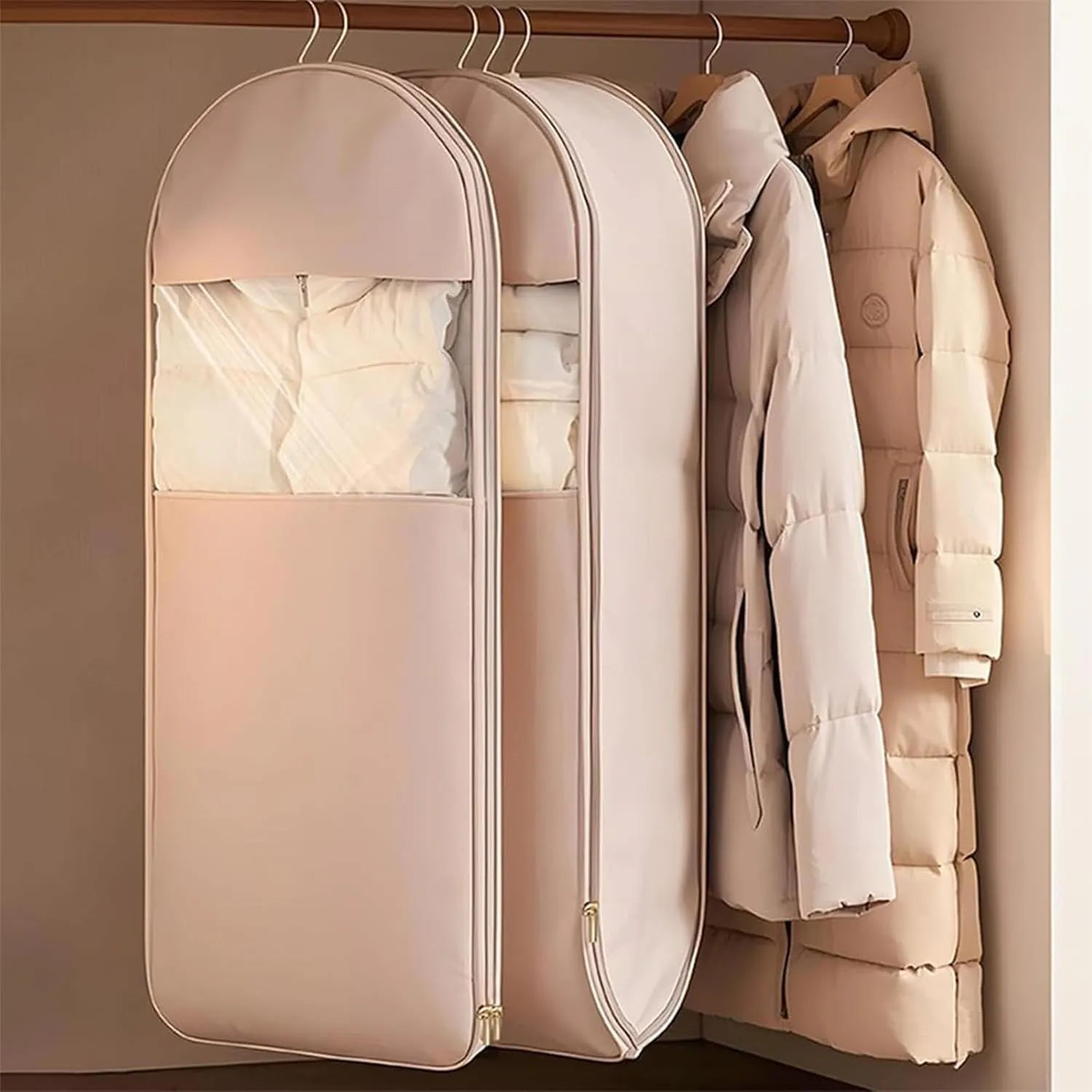 Otherwise Space Saving Garment Bag,2025 Space Saving Hanging Garment Bag with Self Compression Zipper,Dust Cover Clothes Storage Bags for Down Coat,Suitable for Long-Term Storage Organizers (Pink,XL)