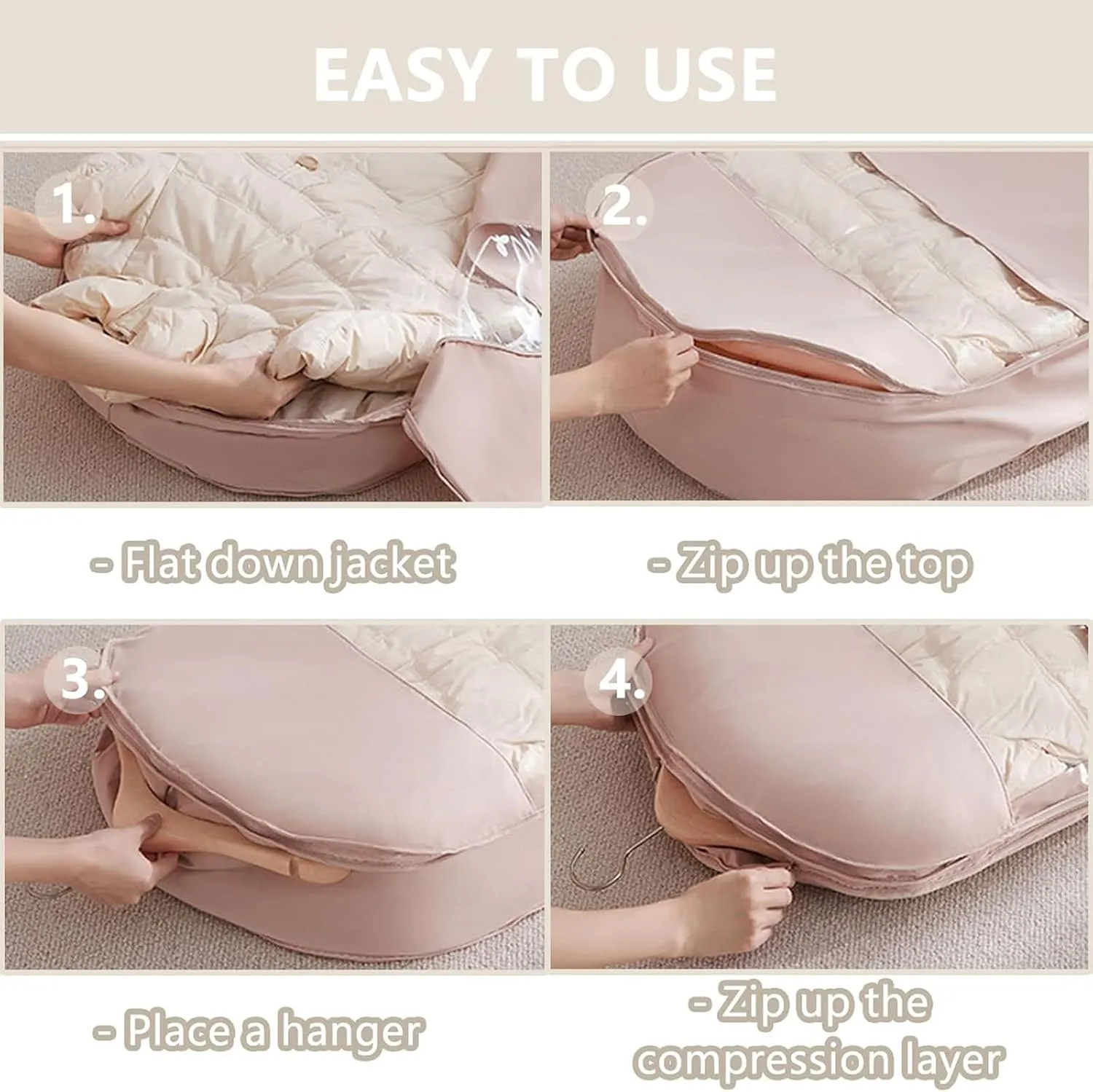 Otherwise Space Saving Garment Bag,2025 Space Saving Hanging Garment Bag with Self Compression Zipper,Dust Cover Clothes Storage Bags for Down Coat,Suitable for Long-Term Storage Organizers (Pink,XL)