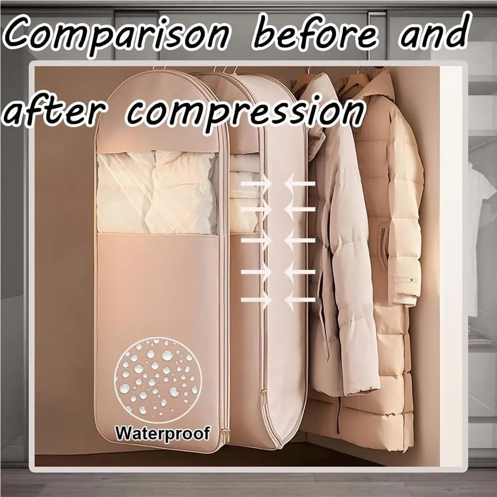 Otherwisie - Space Saving Hanging Garment Bag with Self Compression, 2025 Space Saving Hanging Protector, Compress Bag Hanger, Heavy Duty Garment Bag for Down Coat(Beige,X-Large)