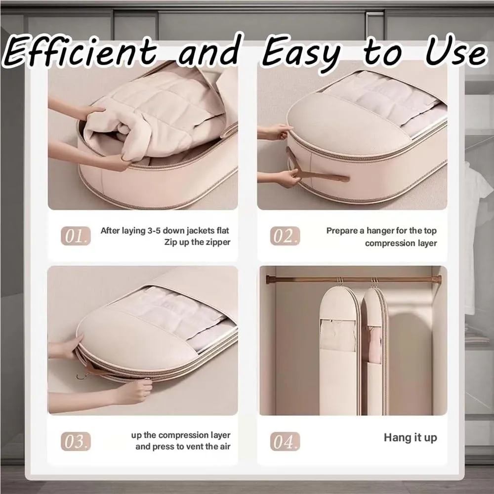 Otherwisie - Space Saving Hanging Garment Bag with Self Compression, 2025 Space Saving Hanging Protector, Compress Bag Hanger, Heavy Duty Garment Bag for Down Coat(Beige,X-Large)