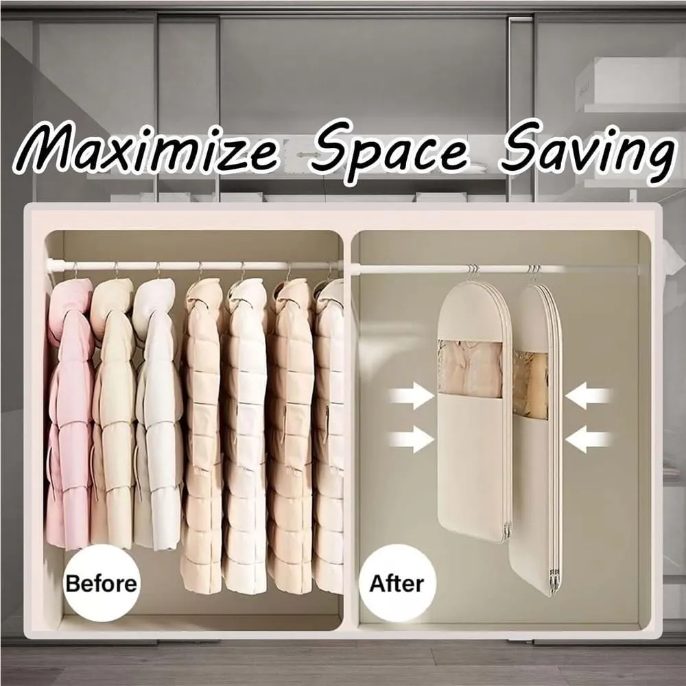 Otherwisie - Space Saving Hanging Garment Bag with Self Compression, 2025 Space Saving Hanging Protector, Compress Bag Hanger, Heavy Duty Garment Bag for Down Coat(Beige,X-Large)