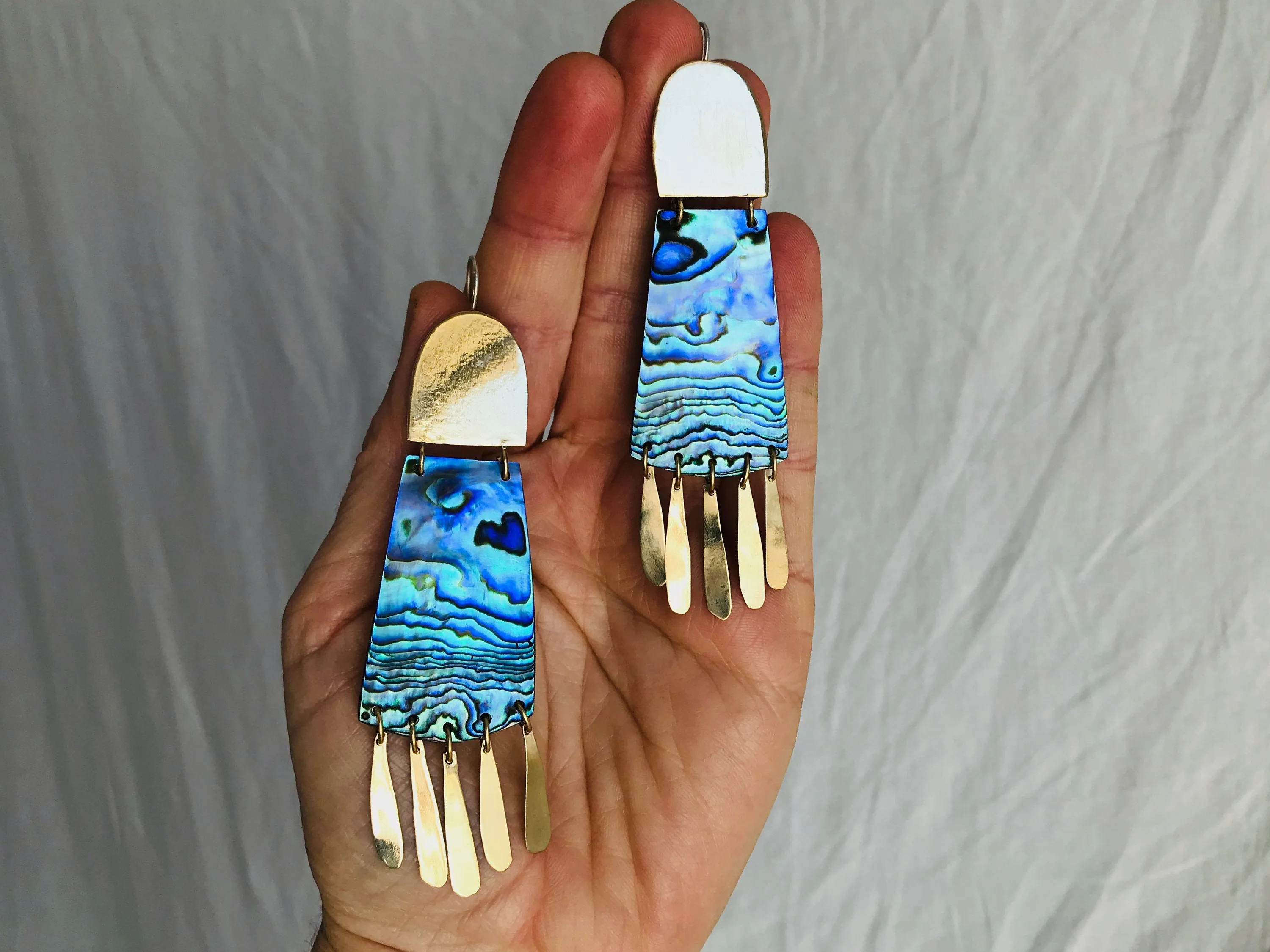 Paua Shell and Brass Earrings. Abalone Shell.