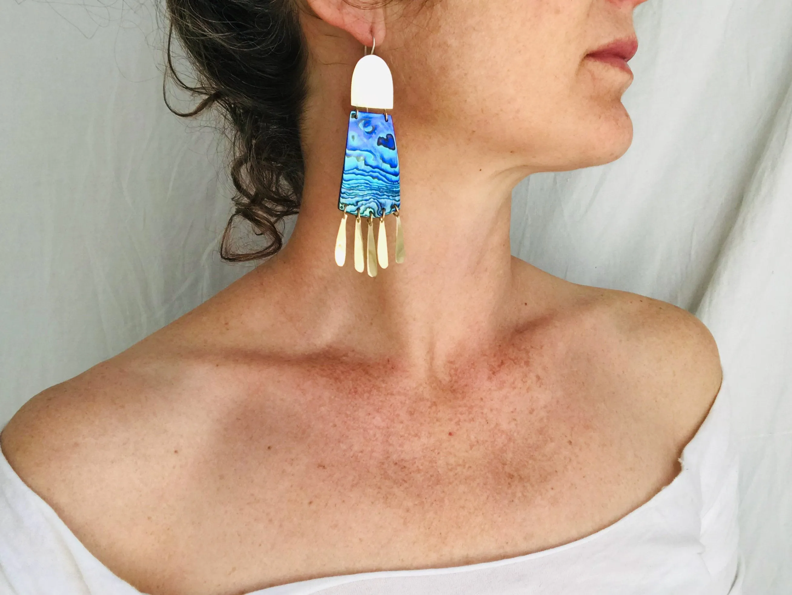 Paua Shell and Brass Earrings. Abalone Shell.