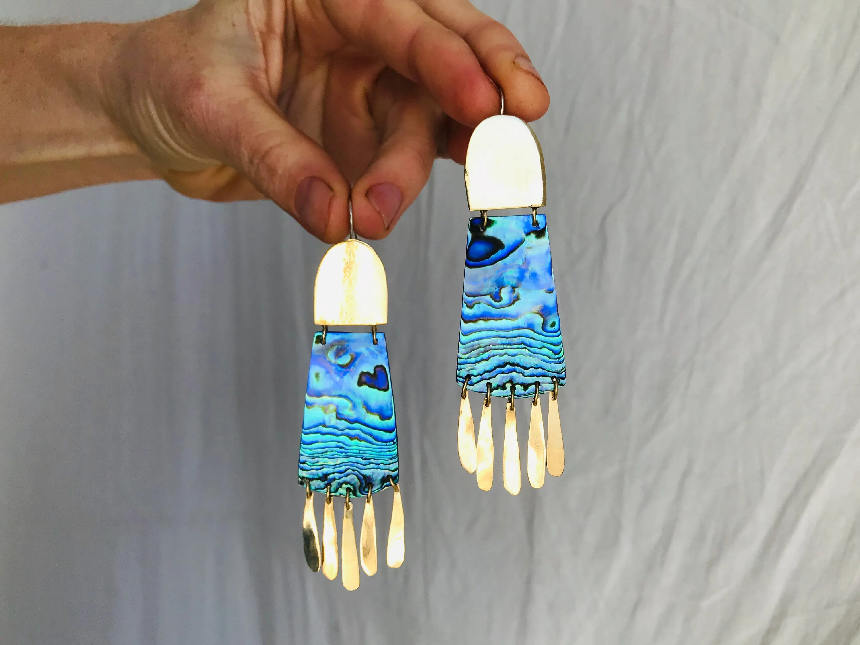 Paua Shell and Brass Earrings. Abalone Shell.