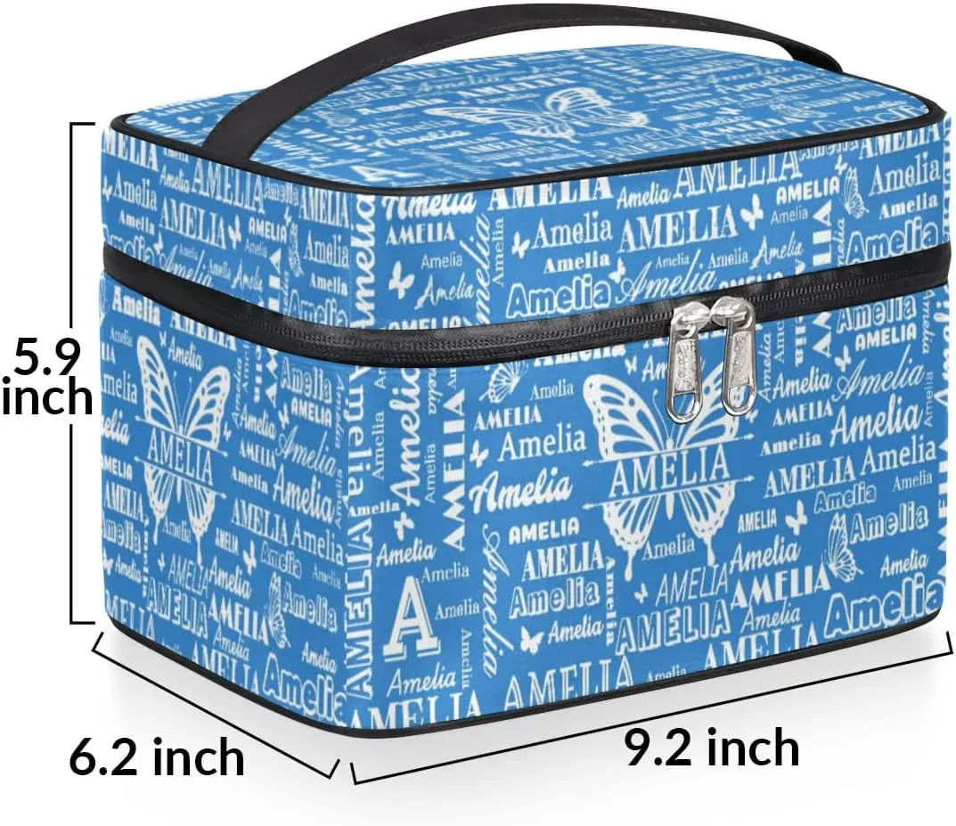 Personalized Name Travel Cosmetic Bags, Custom Makeup Bag wirh Butterfly, Portable Travel Toiletry Zipper Pouch Vanity Bags with Handle for Women, Blue Make Up Bags