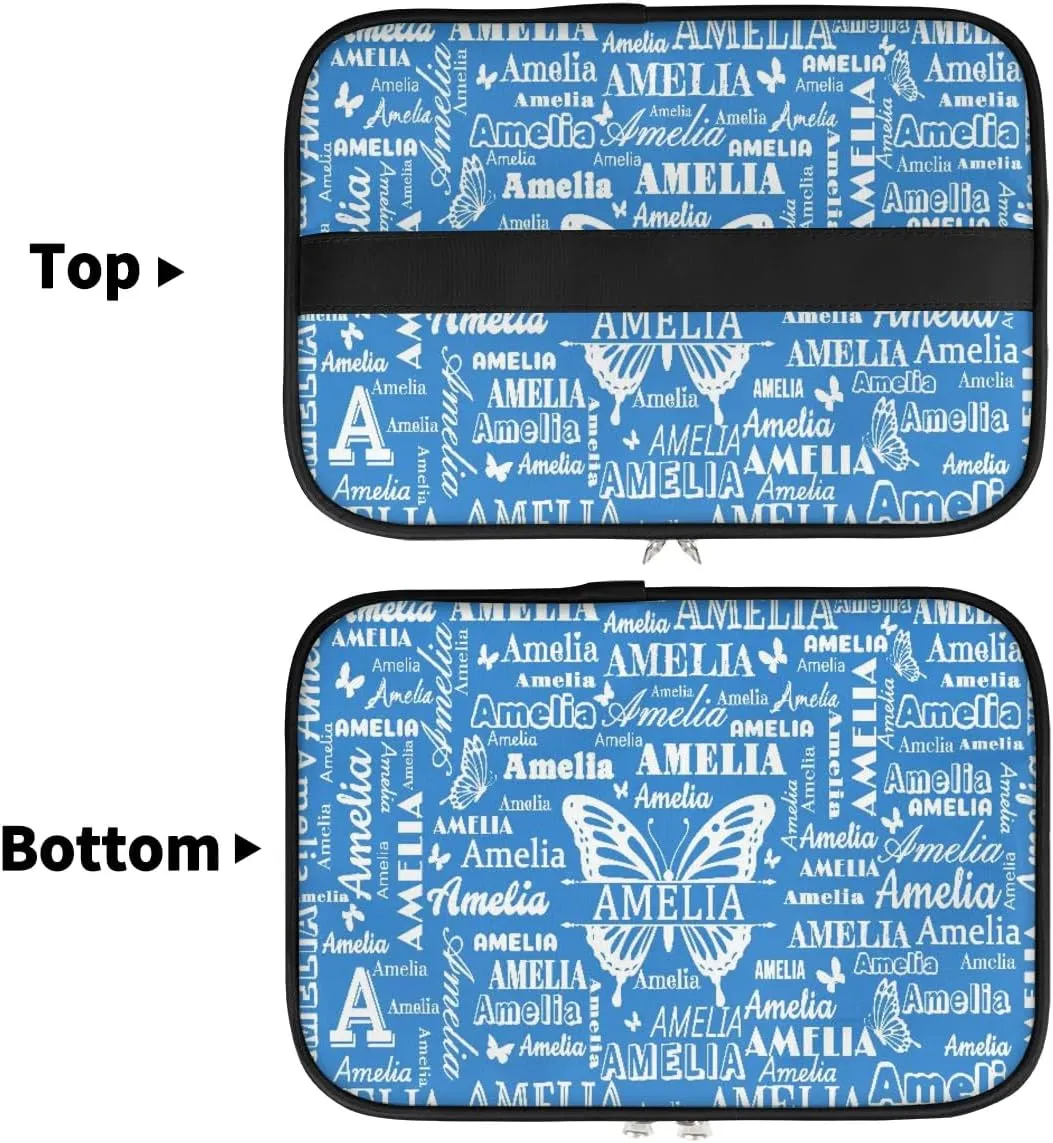 Personalized Name Travel Cosmetic Bags, Custom Makeup Bag wirh Butterfly, Portable Travel Toiletry Zipper Pouch Vanity Bags with Handle for Women, Blue Make Up Bags