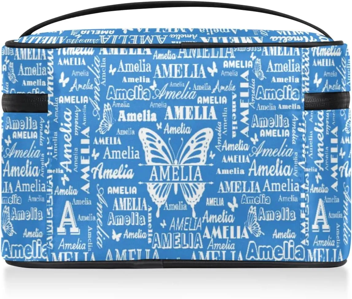 Personalized Name Travel Cosmetic Bags, Custom Makeup Bag wirh Butterfly, Portable Travel Toiletry Zipper Pouch Vanity Bags with Handle for Women, Blue Make Up Bags