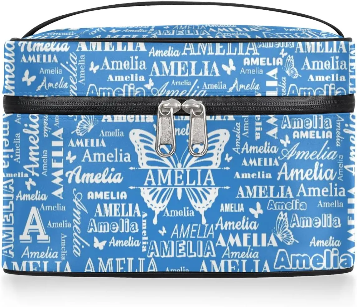 Personalized Name Travel Cosmetic Bags, Custom Makeup Bag wirh Butterfly, Portable Travel Toiletry Zipper Pouch Vanity Bags with Handle for Women, Blue Make Up Bags