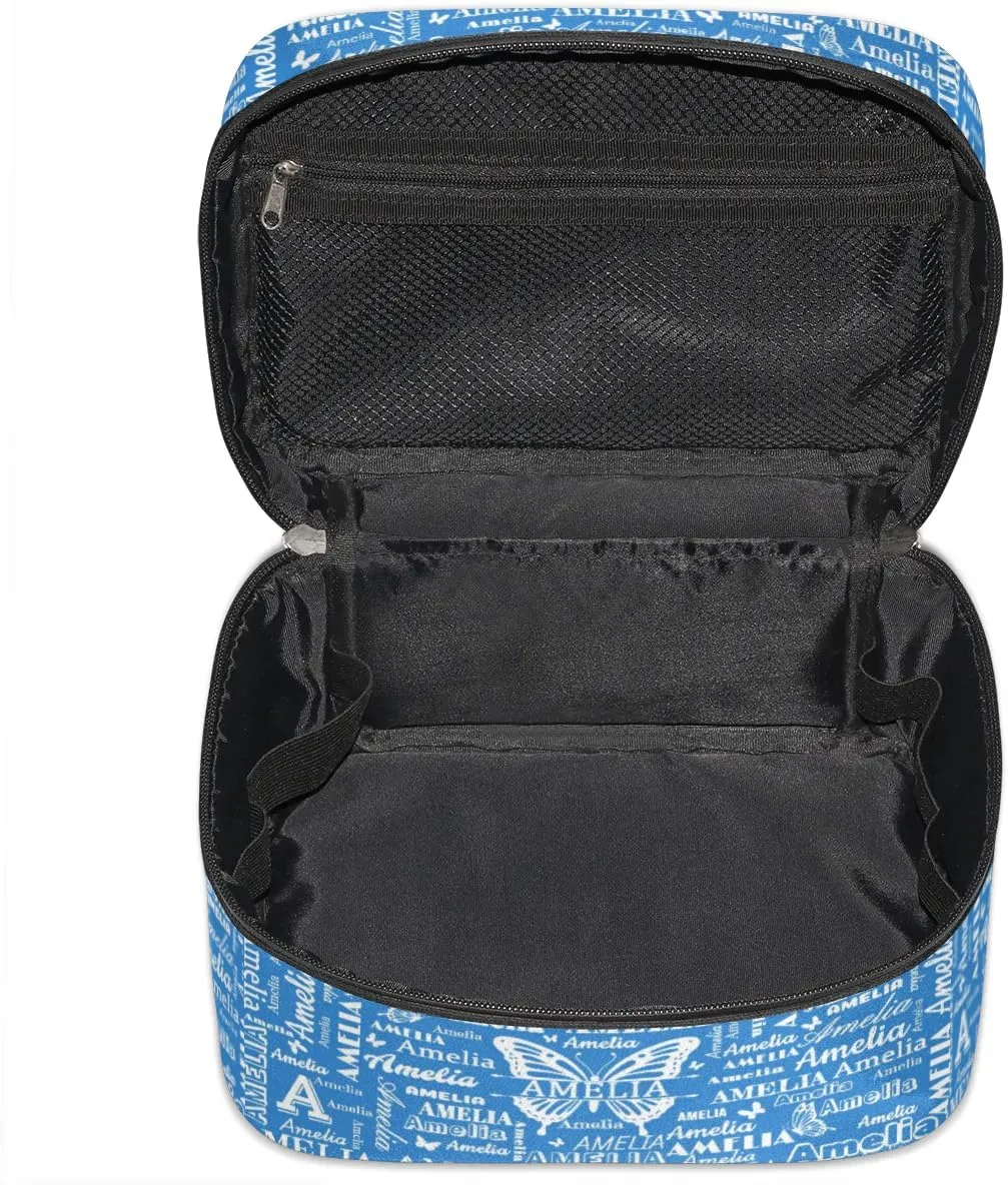 Personalized Name Travel Cosmetic Bags, Custom Makeup Bag wirh Butterfly, Portable Travel Toiletry Zipper Pouch Vanity Bags with Handle for Women, Blue Make Up Bags