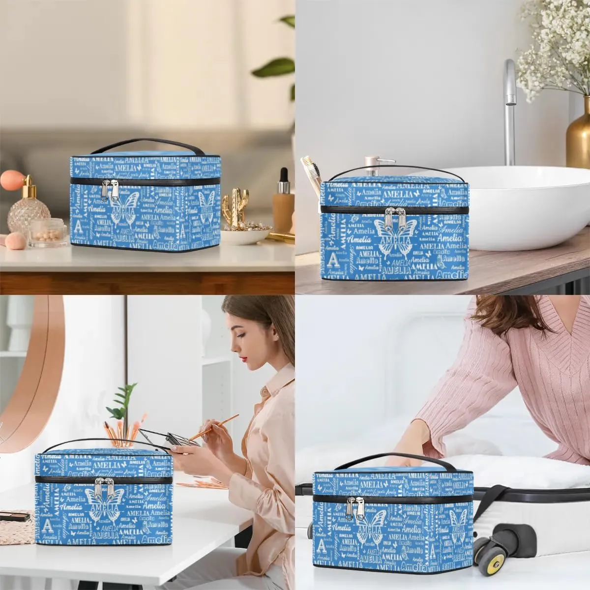 Personalized Name Travel Cosmetic Bags, Custom Makeup Bag wirh Butterfly, Portable Travel Toiletry Zipper Pouch Vanity Bags with Handle for Women, Blue Make Up Bags