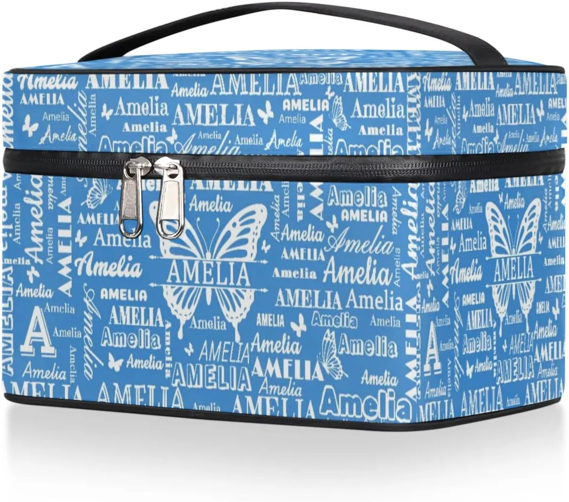 Personalized Name Travel Cosmetic Bags, Custom Makeup Bag wirh Butterfly, Portable Travel Toiletry Zipper Pouch Vanity Bags with Handle for Women, Blue Make Up Bags