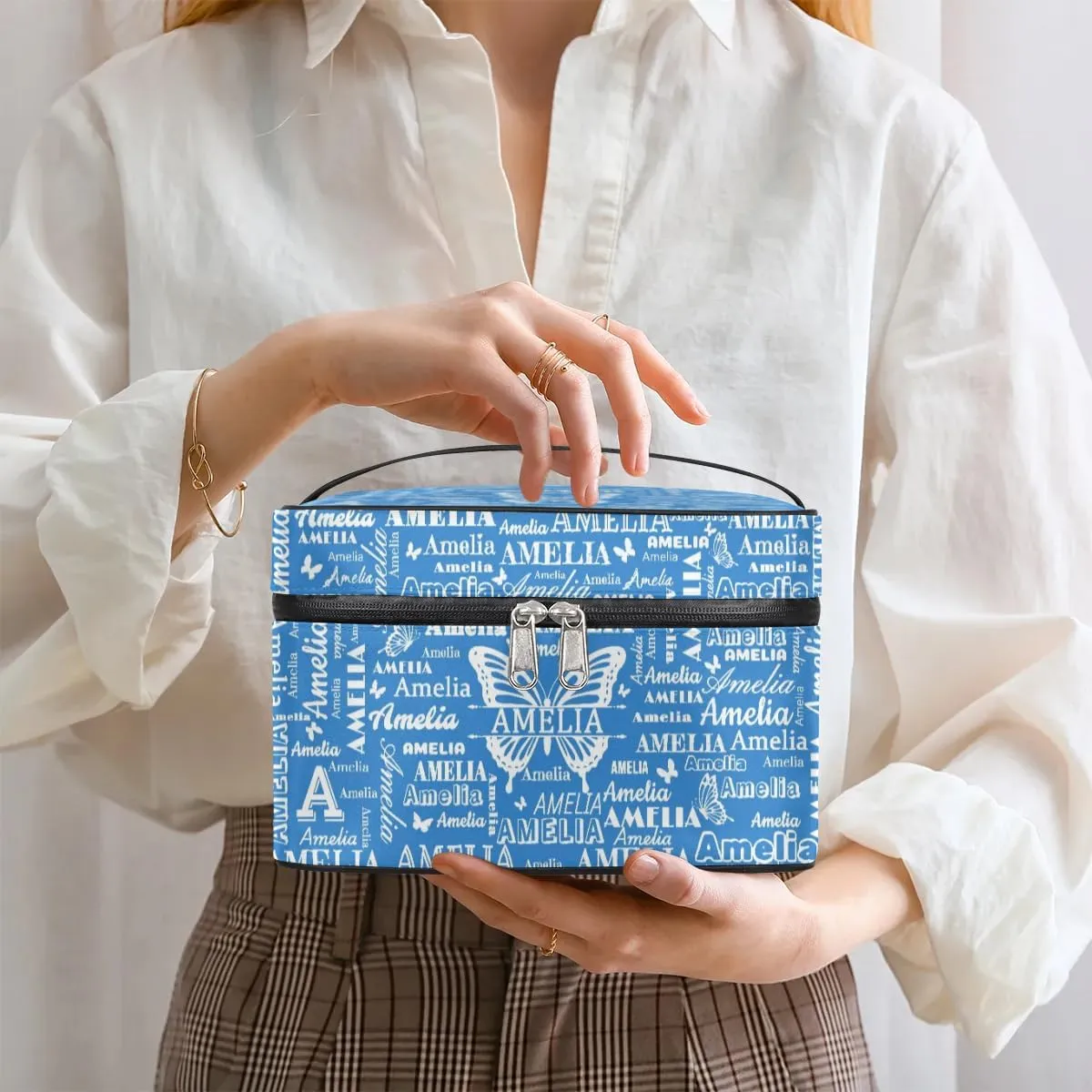 Personalized Name Travel Cosmetic Bags, Custom Makeup Bag wirh Butterfly, Portable Travel Toiletry Zipper Pouch Vanity Bags with Handle for Women, Blue Make Up Bags