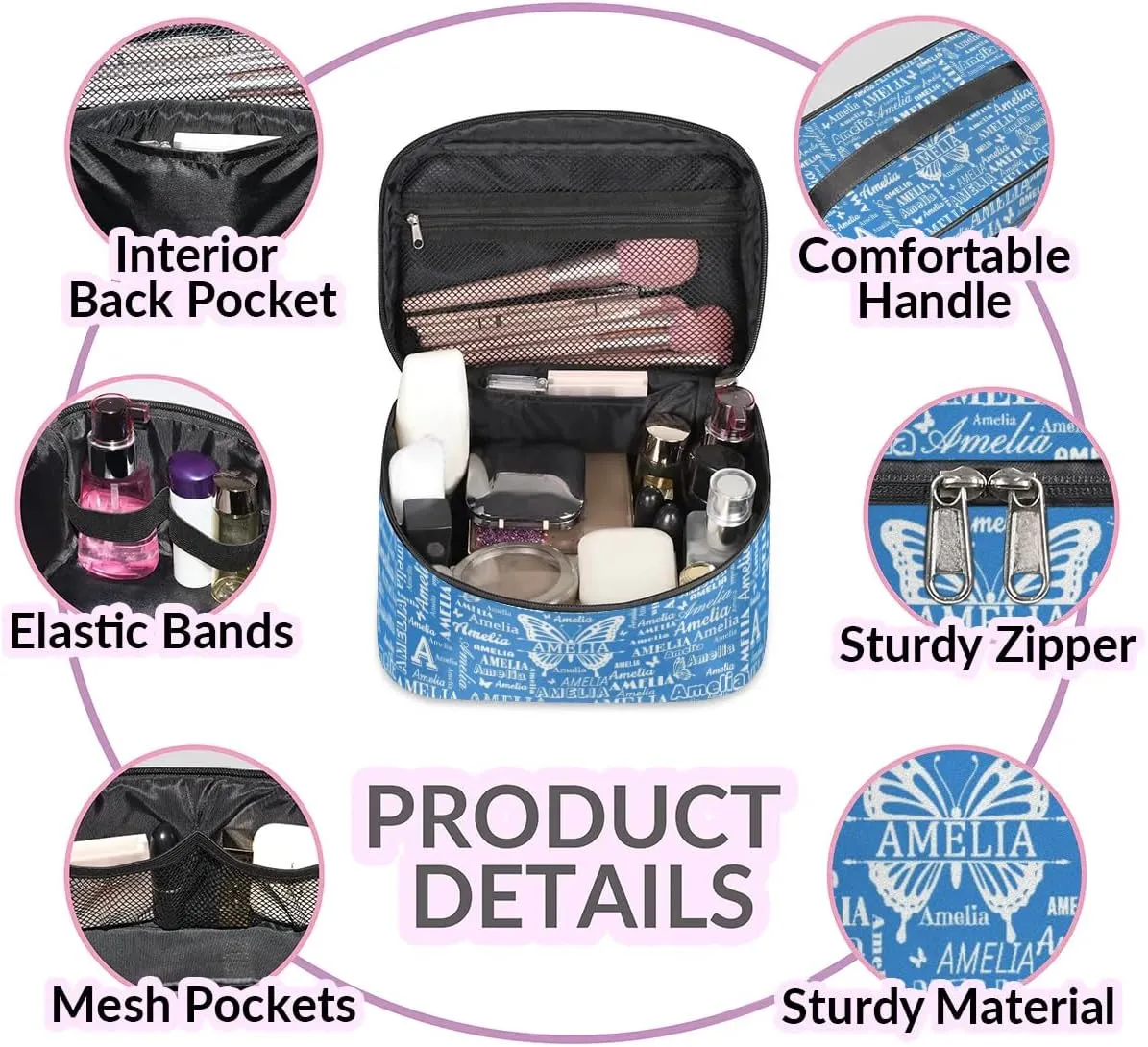Personalized Name Travel Cosmetic Bags, Custom Makeup Bag wirh Butterfly, Portable Travel Toiletry Zipper Pouch Vanity Bags with Handle for Women, Blue Make Up Bags