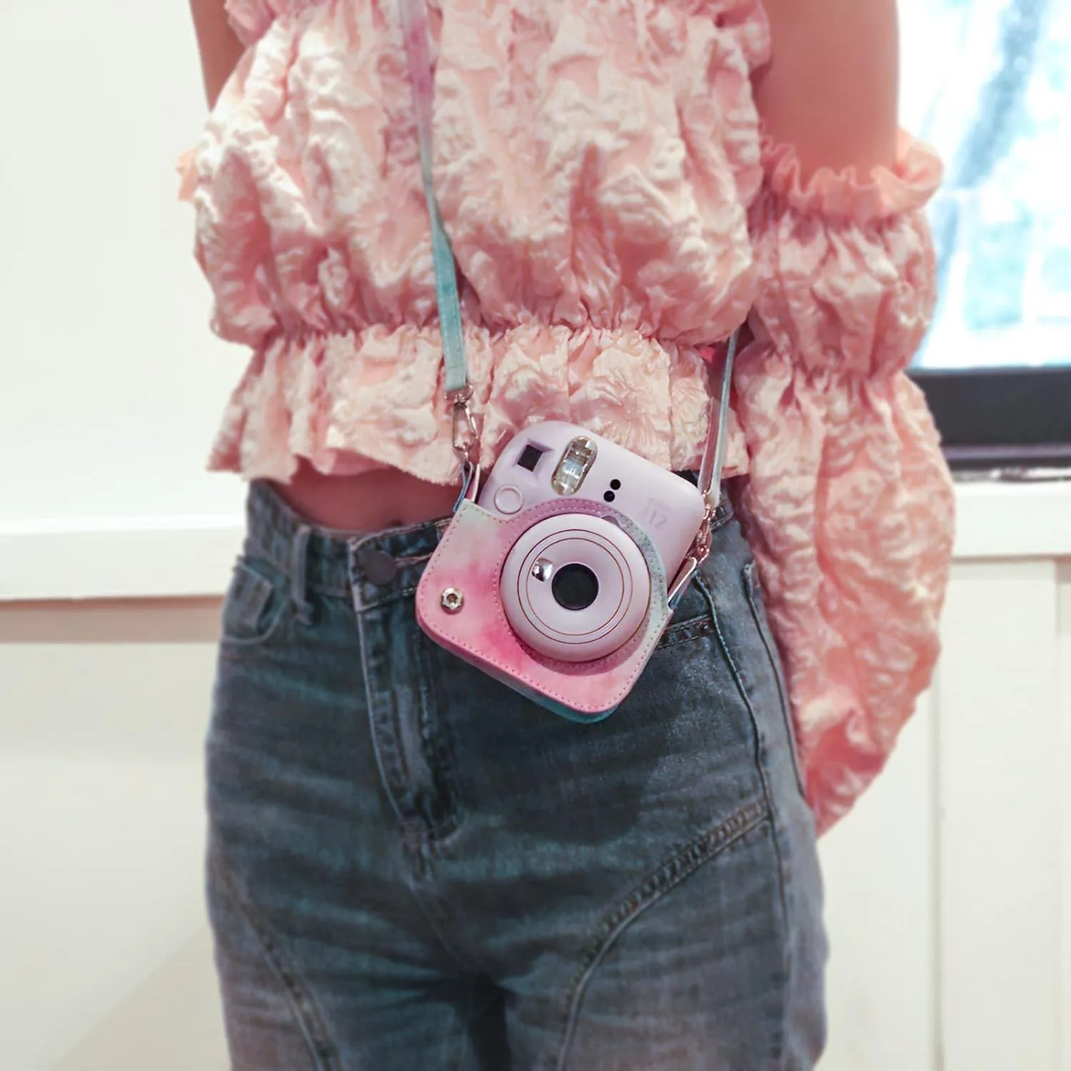 Protective Case for Fujifilm Instax Mini 12 Instant Camera - With Light-sensitive Holes, Lower Right Lens Fit, Specially Designed for Mini 12 Camera (Blue Pink Watercolor)
