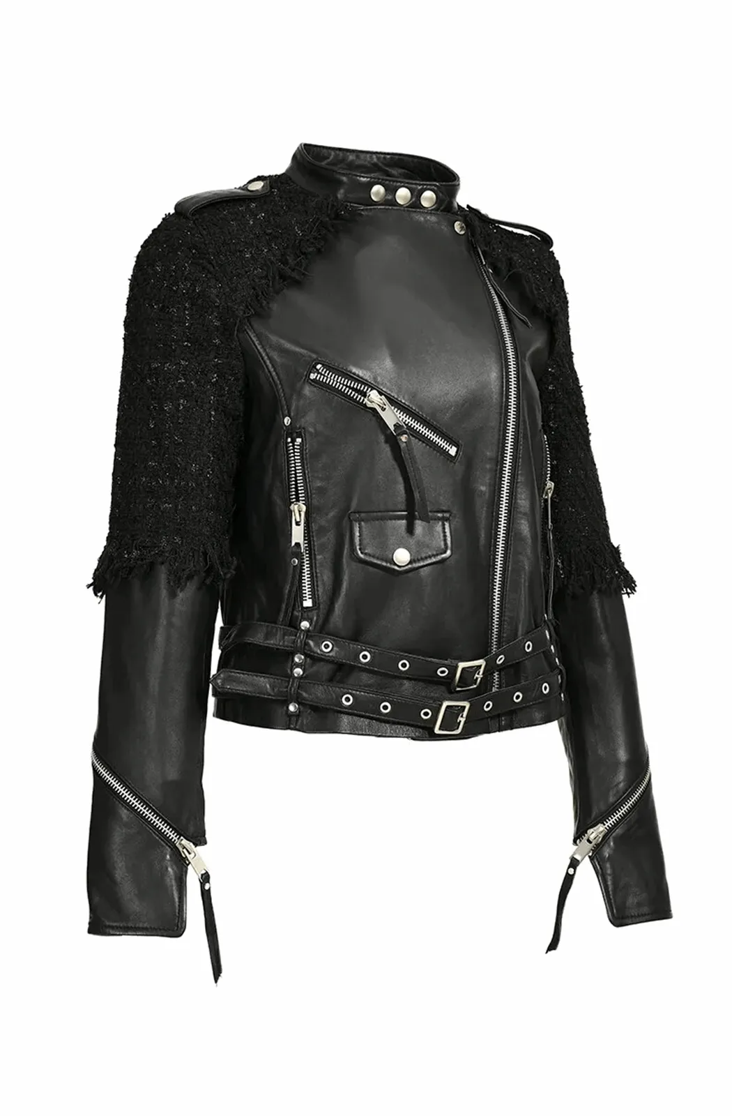 Real leather biker jacket with tweed patchwork